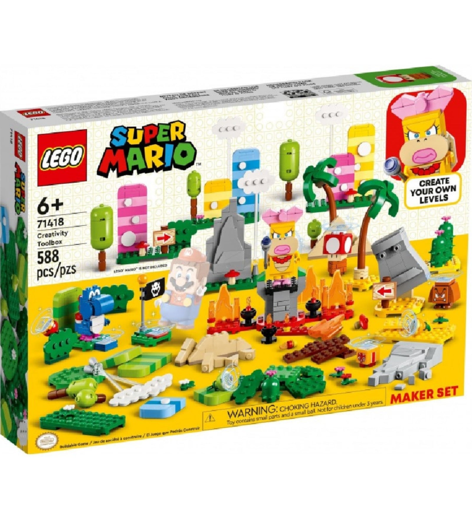A LEGO Super Mario Kreatív építés szett (71418) doboza elölnézetből, színes pályaelemekkel és Peach hercegnő figurájával a középpontban.