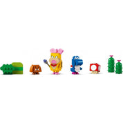 A LEGO Super Mario Kreatív építés szett (71418) karakterei: Goomba, Peach hercegnő, kék Yoshi, piros gomba és két zöld kaktuszfigura.