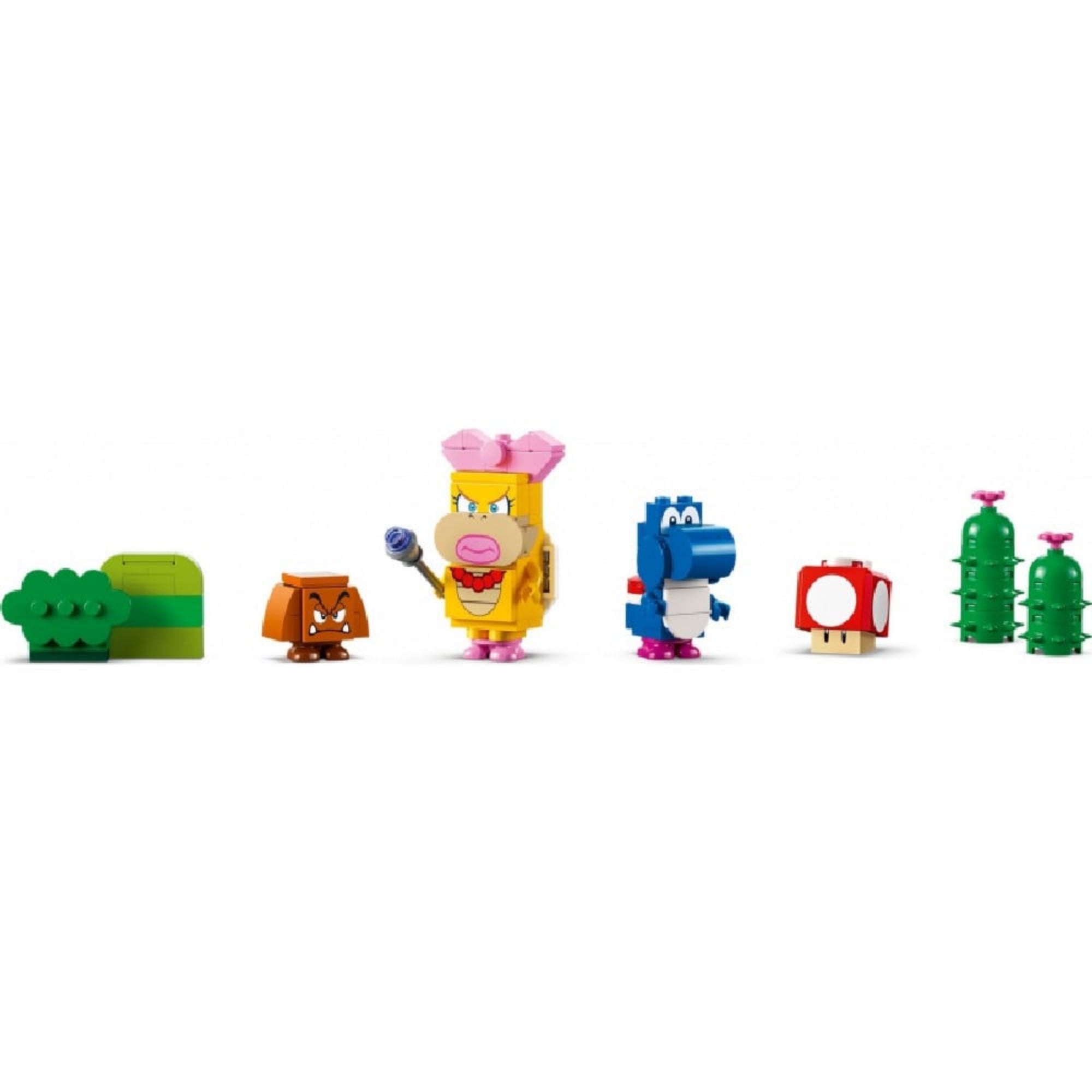 A LEGO Super Mario Kreatív építés szett (71418) karakterei: Goomba, Peach hercegnő, kék Yoshi, piros gomba és két zöld kaktuszfigura.