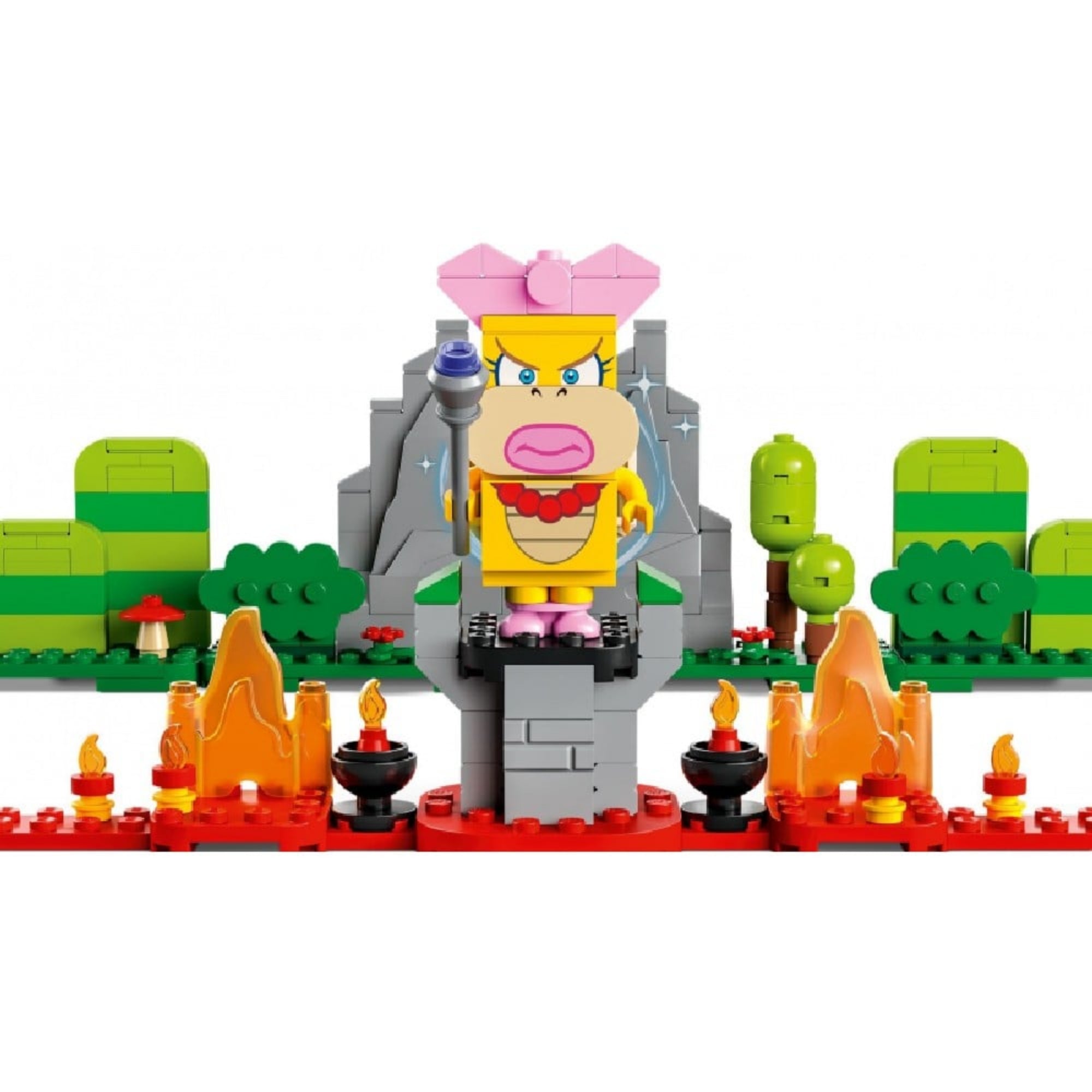 A LEGO Super Mario Kreatív építés szett (71418) Peach hercegnő trónján, lángokkal és háttérben sziklás emelvénnyel.
