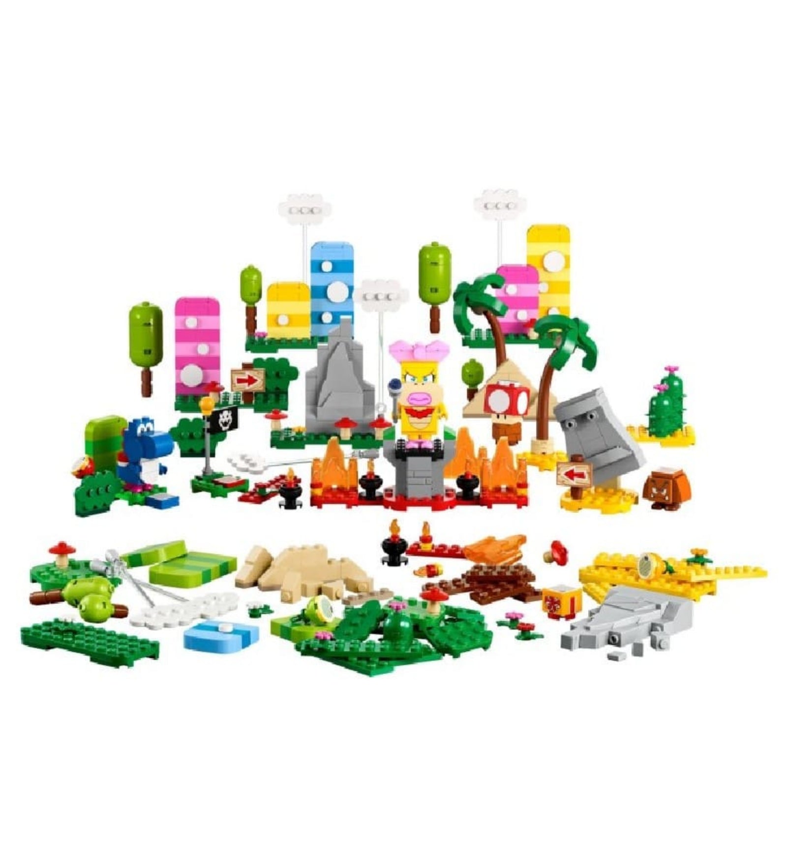 A LEGO Super Mario Kreatív építés kiegészítő szett (71418) minden eleme kirakva, színes díszletekkel, lávával, fákkal és karakterekkel, köztük Peach hercegnővel a trónján.
