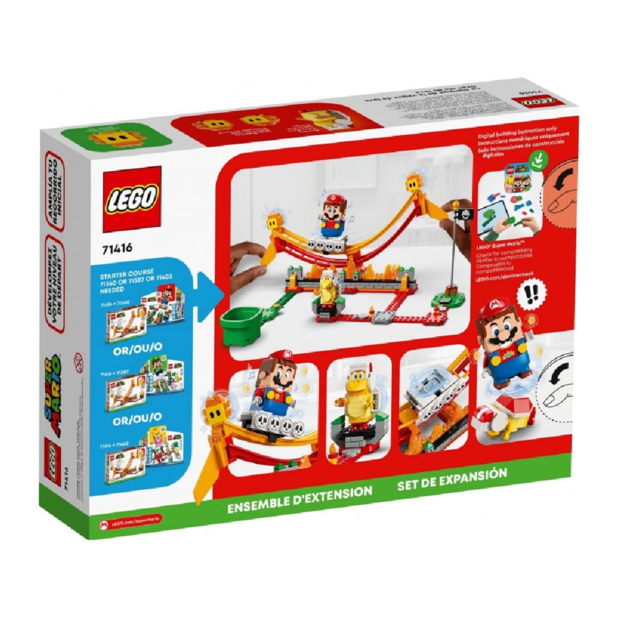 LEGO Super Mario Lavahullám-lovaglás (71416) doboz hátlapja, interaktív játékmenet és kombinációk bemutatásával.