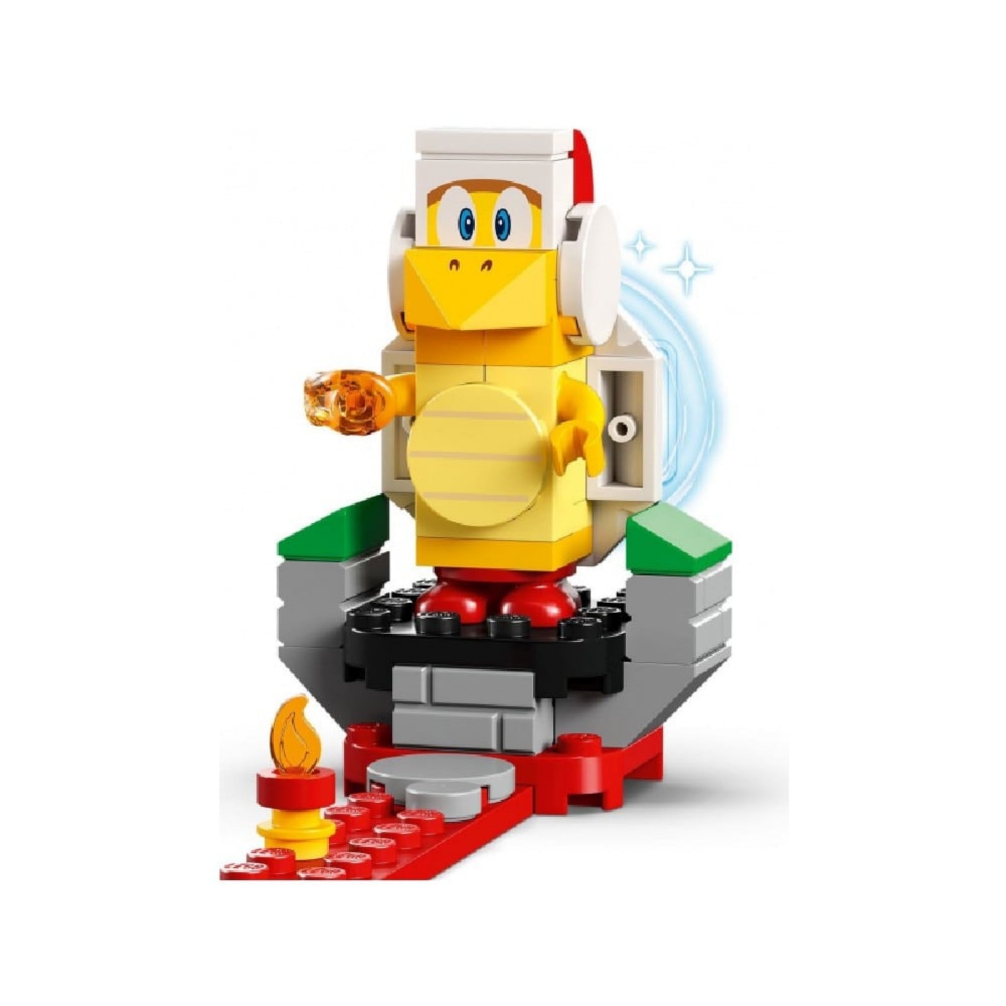 LEGO Super Mario Lavahullám-lovaglás (71416) tűzharcos figura platformon, lángdíszes pályaelemek között.