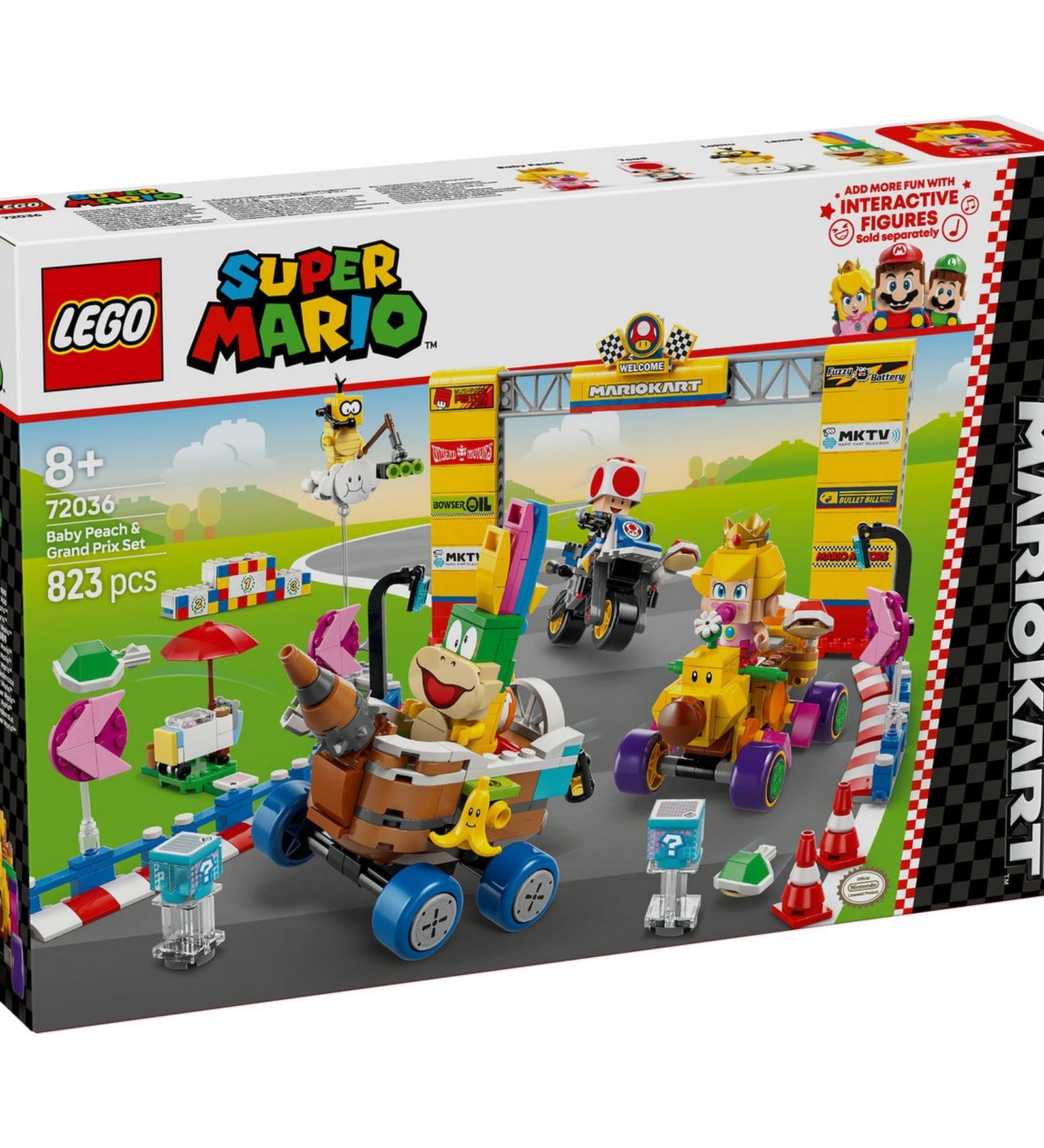 A LEGO Super Mario Mario Kart Baby Peach és Grand Prix szett (72036) dobozának előlapja, színes versenypályával és figurákkal.