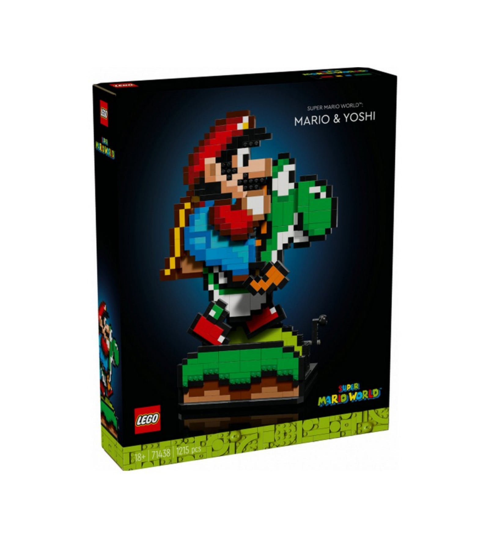 A LEGO Super Mario – Mario és Yoshi (71438) szett dobozának elölnézete sötét háttérrel és 18+ jelzéssel.