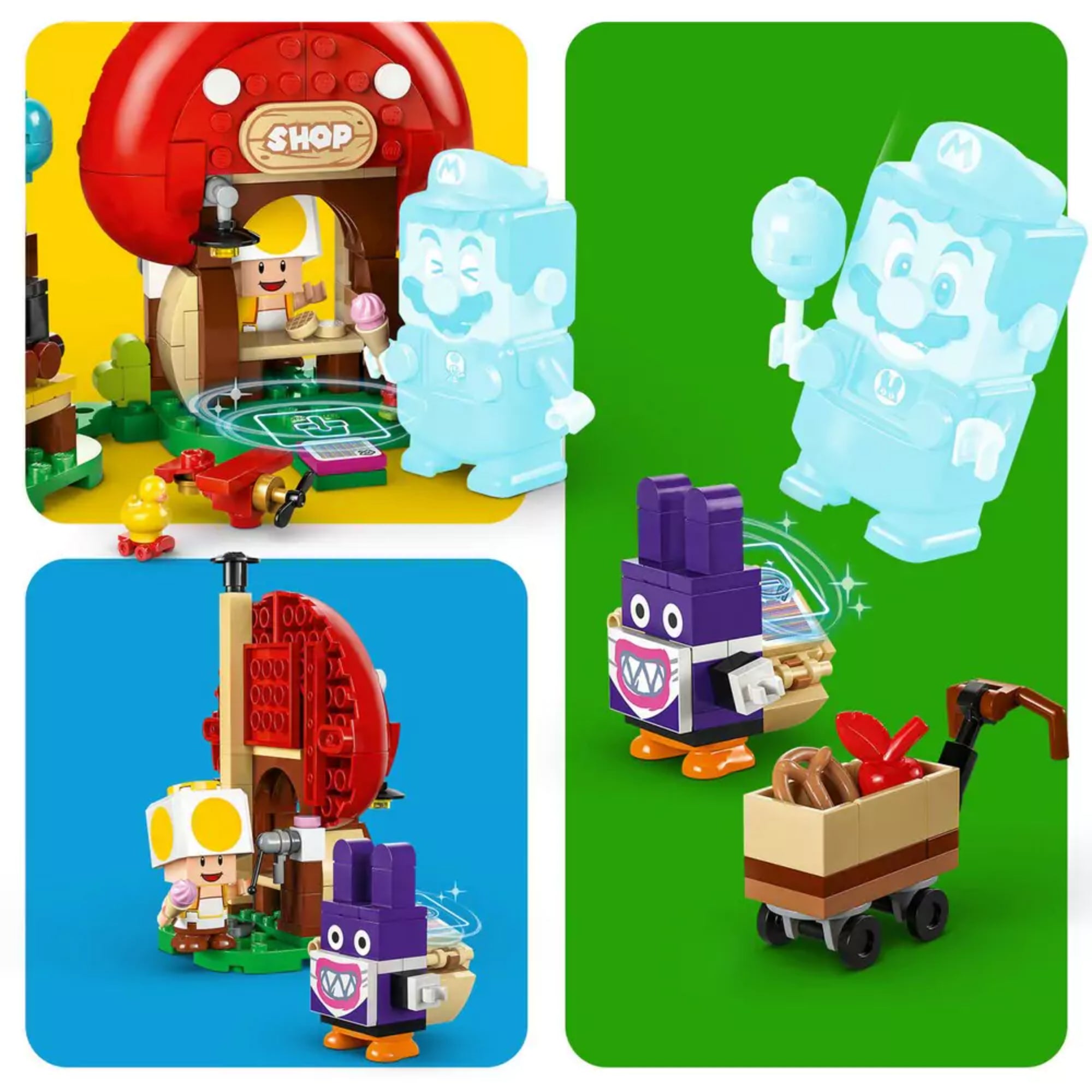 Illusztráció a LEGO Super Mario Nabbit Toad boltjánál szettről: a játék több jelenete, köztük Mario boltba lépése, Nabbit lopása és a gombaalakú bolt hátoldala látható.