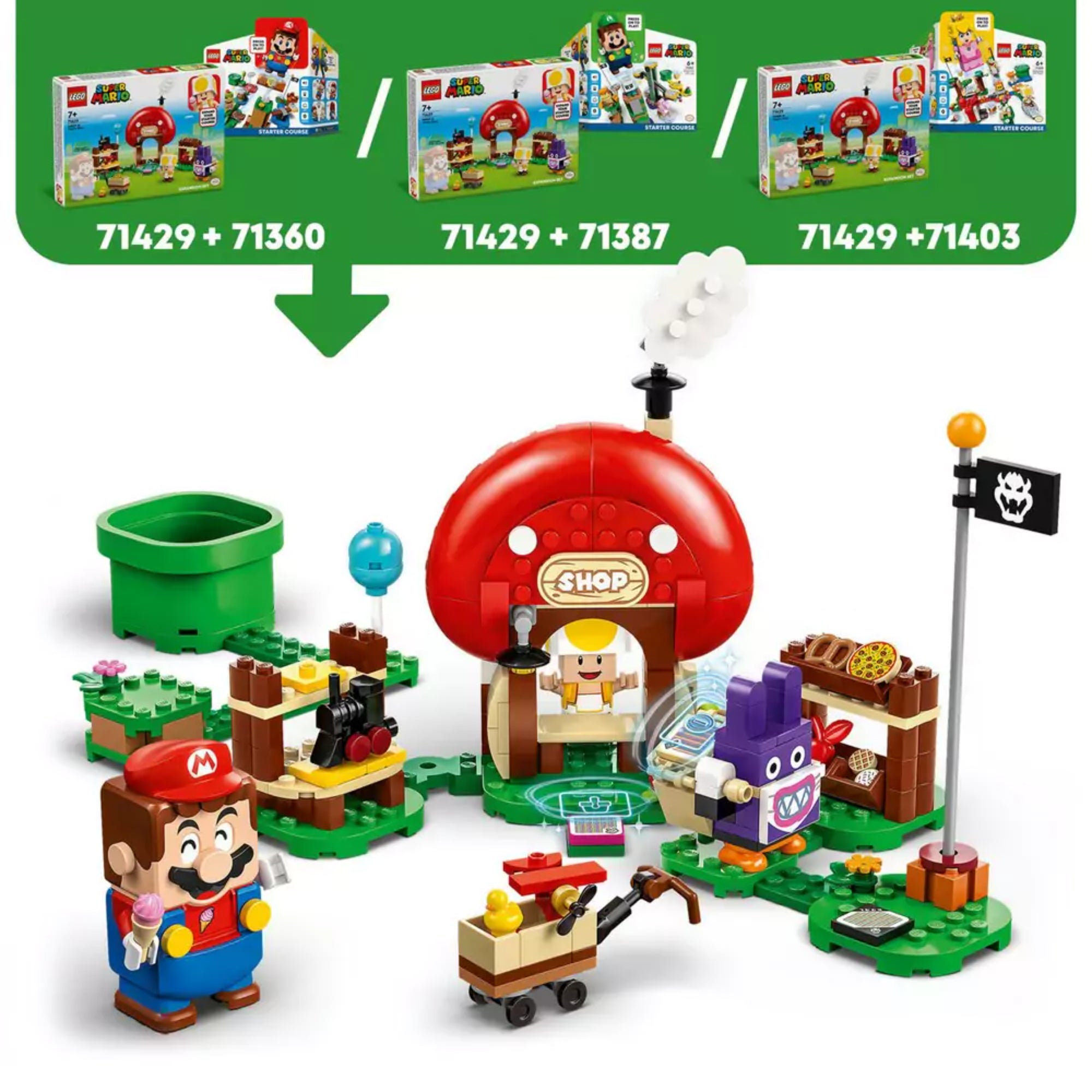 LEGO Super Mario Nabbit Toad boltjánál kiegészítő szett összeépítve a kezdő pályakészletekkel, Mario, Toad és Nabbit karakterekkel, pizzával teli kocsival és a bolt körüli részletekkel.