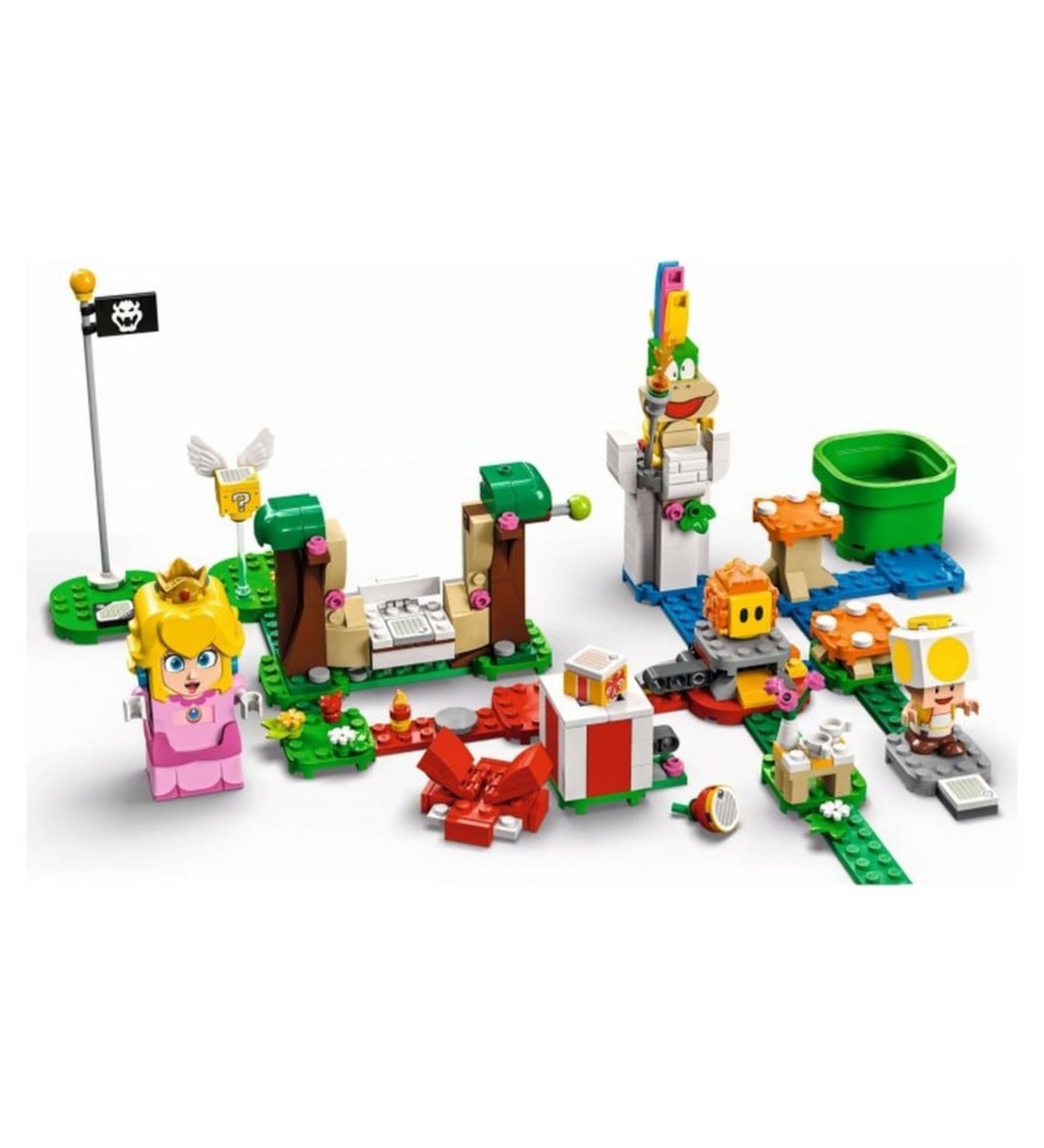 A LEGO Super Mario Peach kalandjai kezdőpálya (71403) teljes játéktérképe, Peach hercegnővel, barátaival, ellenségekkel, zöld csővel és interaktív játékzónákkal.