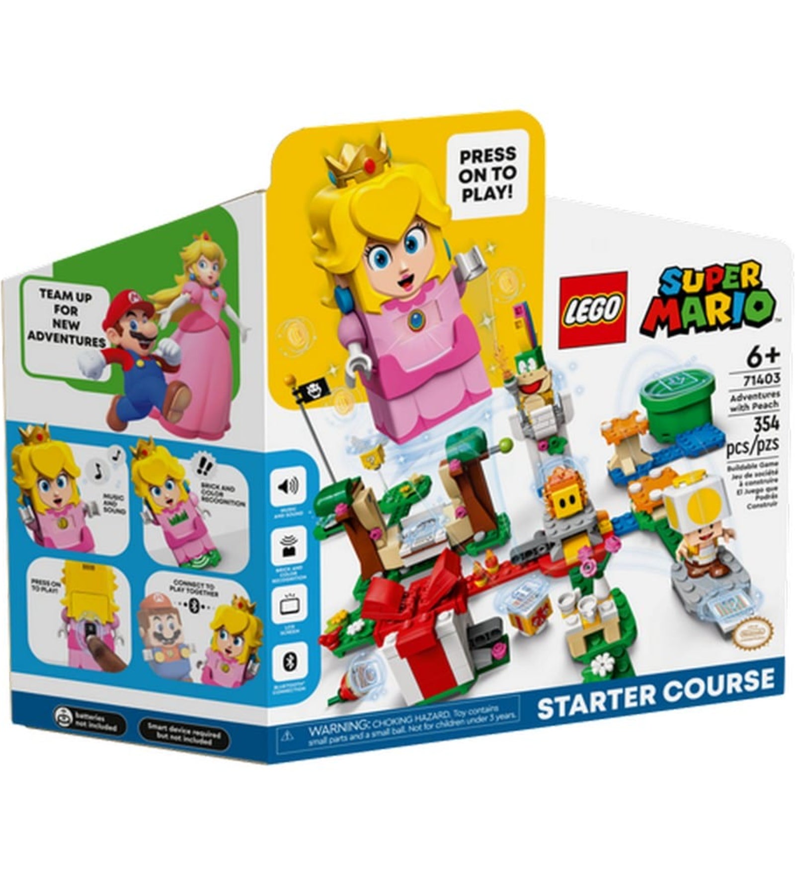 A LEGO Super Mario Peach kalandjai kezdőpálya (71403) színes doboza, középpontban az interaktív Peach figurával és a pálya elemeivel, 6 éves kortól ajánlott, 354 darabbal.