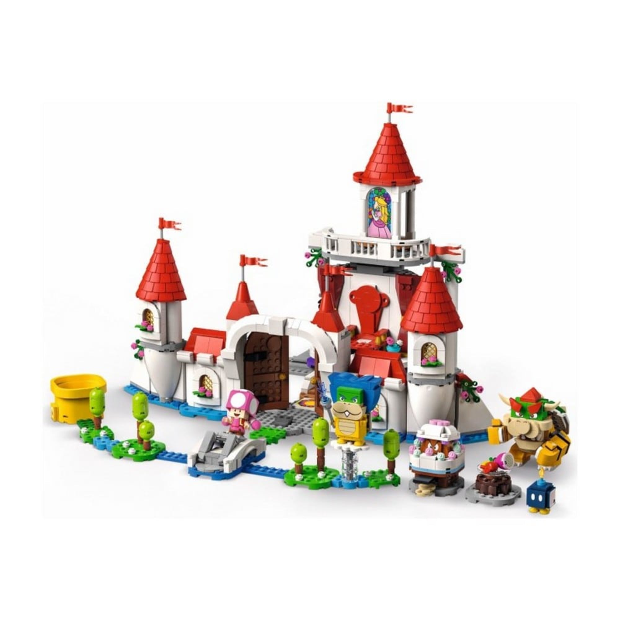 A LEGO Super Mario Peach kalandjai készlet kibővített kastélyos változata piros tornyokkal, figurákkal és részletesen kidolgozott tereppel, amely izgalmas játéklehetőségeket kínál.