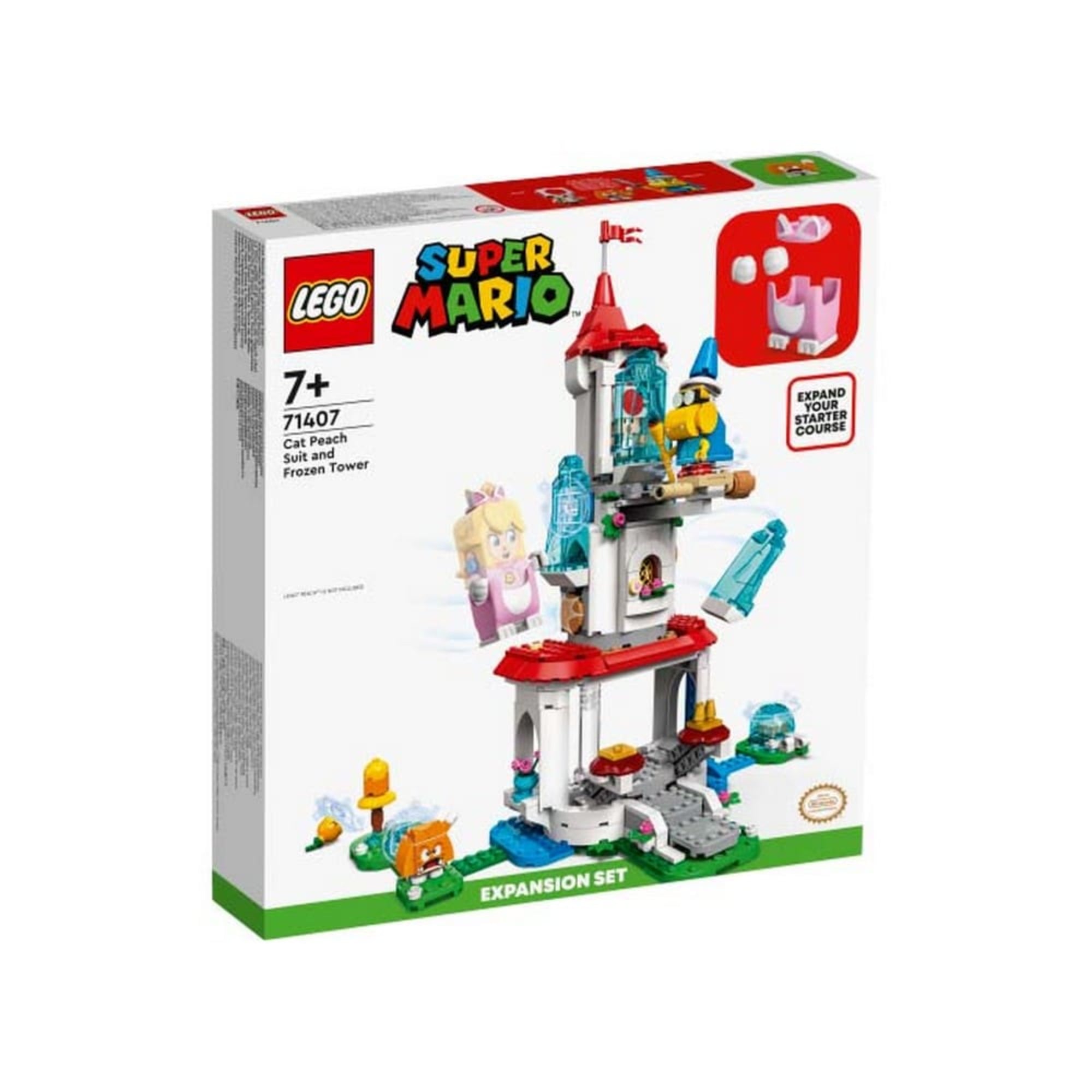 A LEGO Super Mario Peach macskajelmez és befagyott torony kiegészítő szett (71407) doboza, rajta a torony elemei, ellenségek és a rózsaszín macskajelmezes Peach karakter illusztrációja.