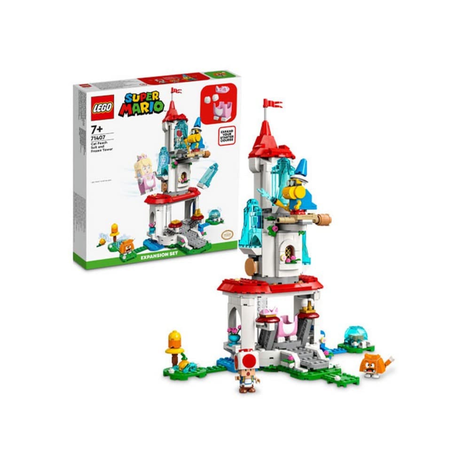 A LEGO Peach macskajelmez és befagyott torony szett doboza és a mellette látható összerakott torony, karakterekkel és játékelemekkel.