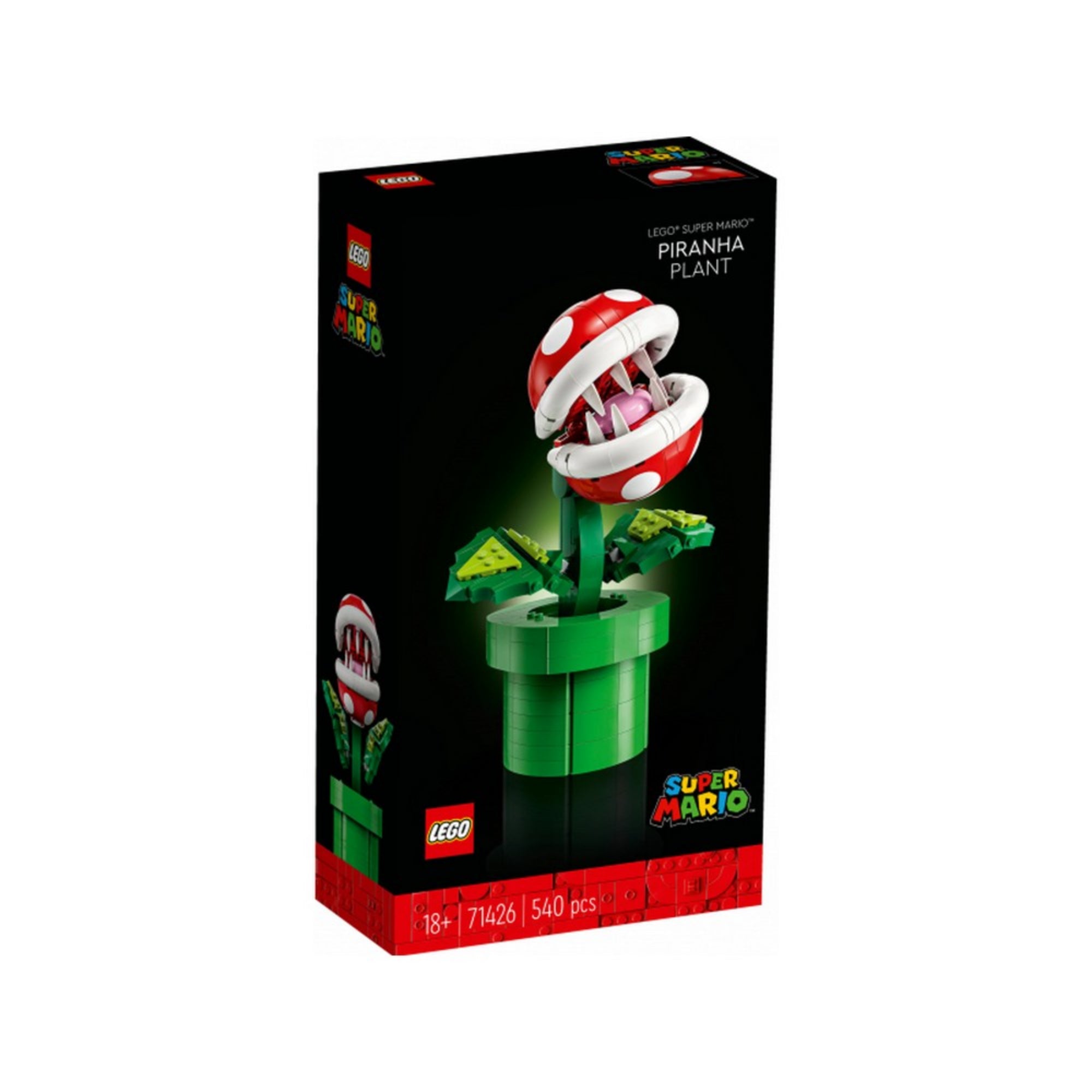 A LEGO Super Mario Piranha növény (71426) doboza fekete háttérrel, középen a látványos piranha figura, alul a darabszám (540) és az ajánlott korosztály (18+).