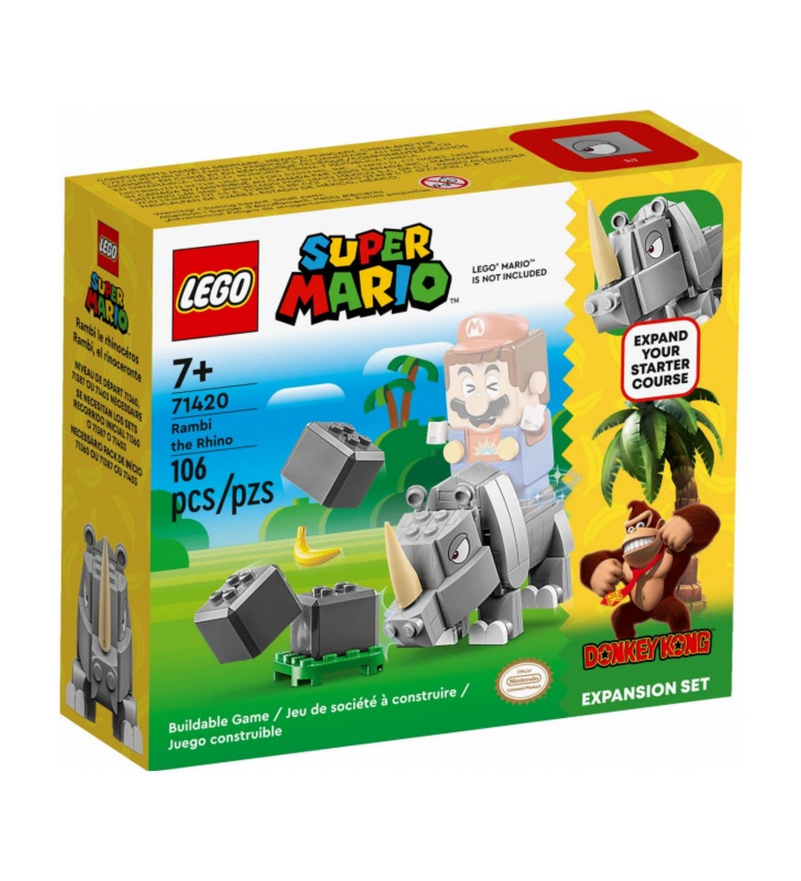 A LEGO Super Mario Rambi az orrszarvú kiegészítő szett (71420) színes doboza 106 elemmel, amelyen a LEGO Mario figura Rambin lovagol, mellette Donkey Kong illusztráció és a „Expand Your Starter Course” felirat.