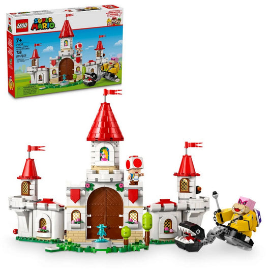 Doboz és készlet együtt: LEGO Super Mario 71435 doboz az elkészült kastéllyal és szereplőkkel, akcióra készen.
