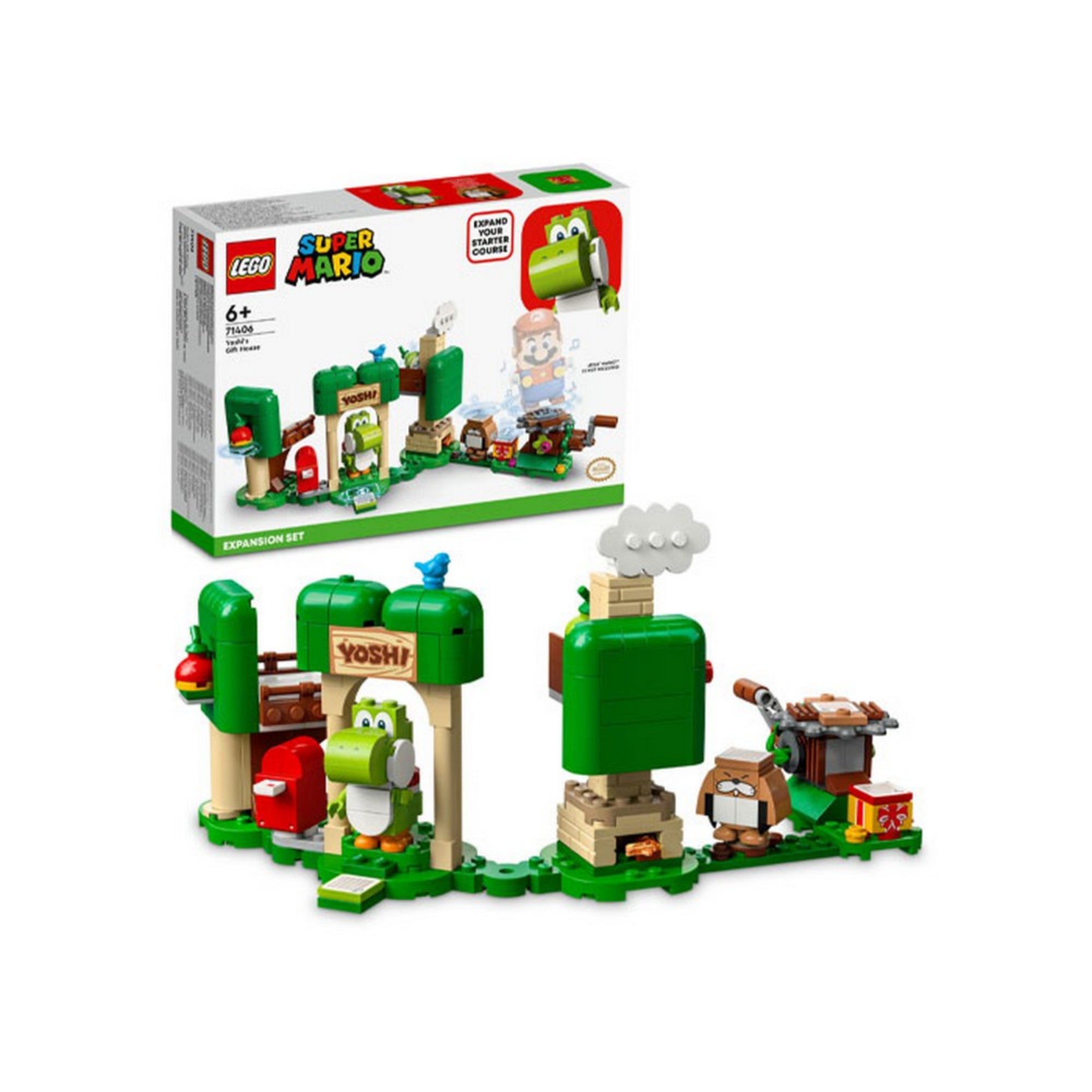 LEGO Super Mario Yoshi ajándékháza kiegészítő szett, a doboz és a teljes játékkészlet együtt bemutatva.