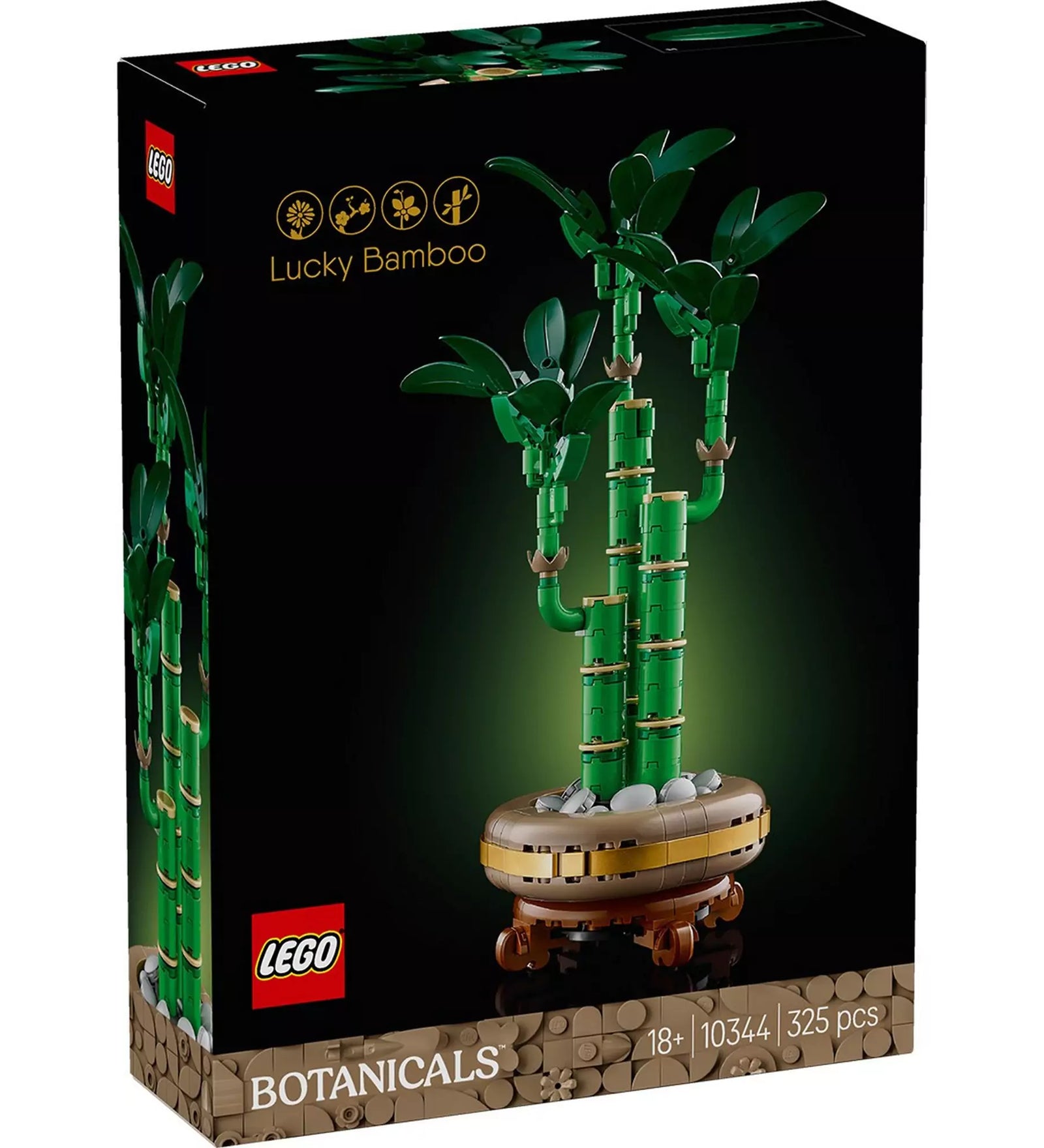A LEGO Szerencsebambusz (10344) készlet doboza, amely 325 darabból áll, és egy elegáns, részletesen kidolgozott bambuszmodell építését teszi lehetővé