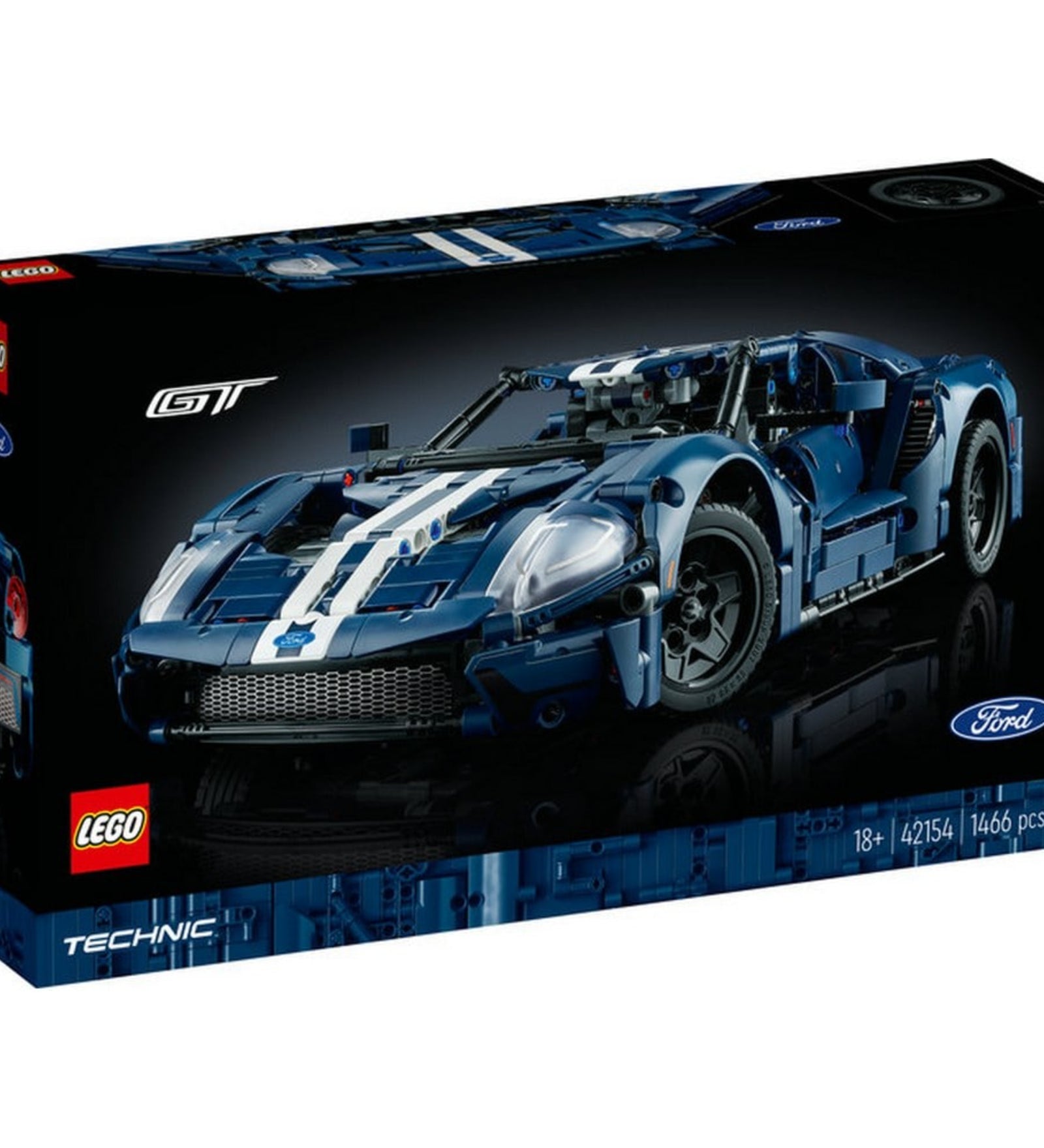 A LEGO Technic 2022 Ford GT (42154) díszdobozos csomagolása, rajta a megépített modell képe, a Ford és GT logók, valamint a készlet 1466 elemes jelölése látható fekete háttéren.