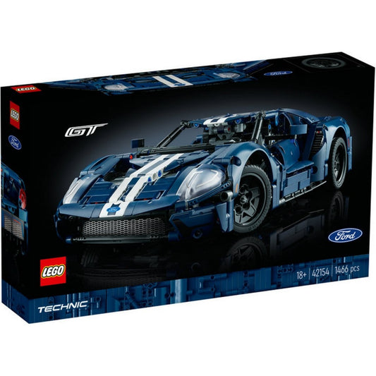 A LEGO Technic 2022 Ford GT (42154) díszdobozos csomagolása, rajta a megépített modell képe, a Ford és GT logók, valamint a készlet 1466 elemes jelölése látható fekete háttéren.