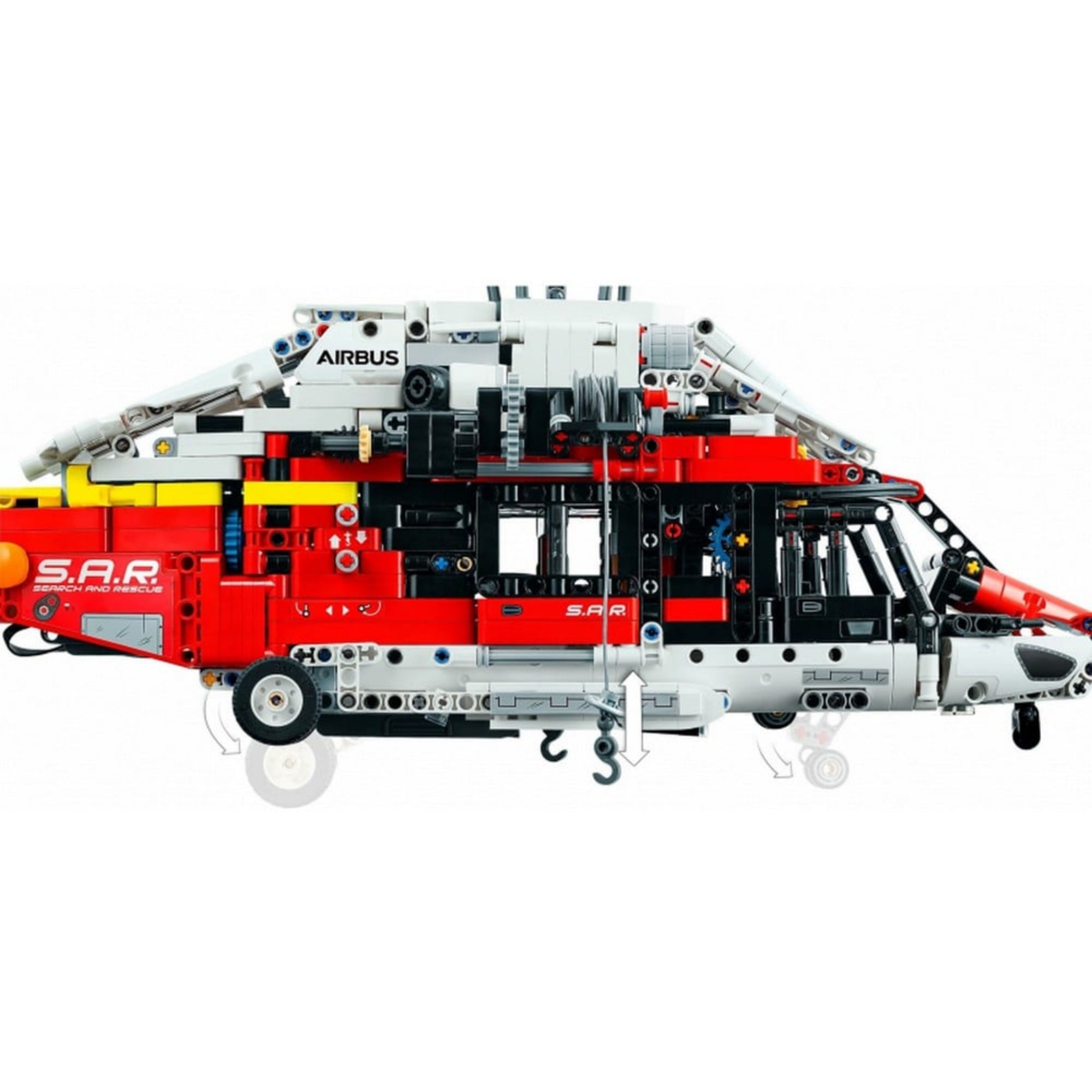 A LEGO Technic Airbus H175 oldalnézeti képe, mely kiemeli a mozgatható csörlőt, nyitható ajtókat és a S.A.R. (Search and Rescue) feliratokat.