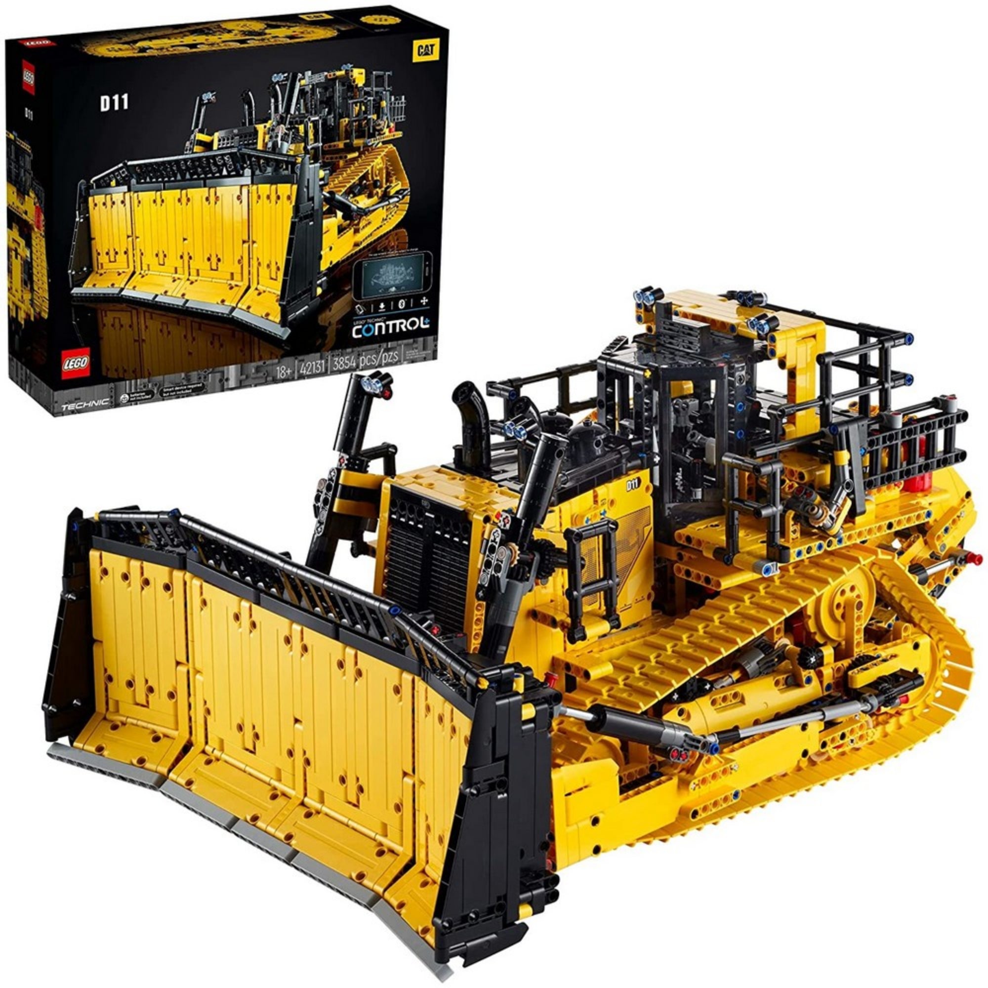 A LEGO Technic Cat D11 buldózer (42131) doboza és az összerakott modell együtt, kiemelve a készlet méretét és részletességét.