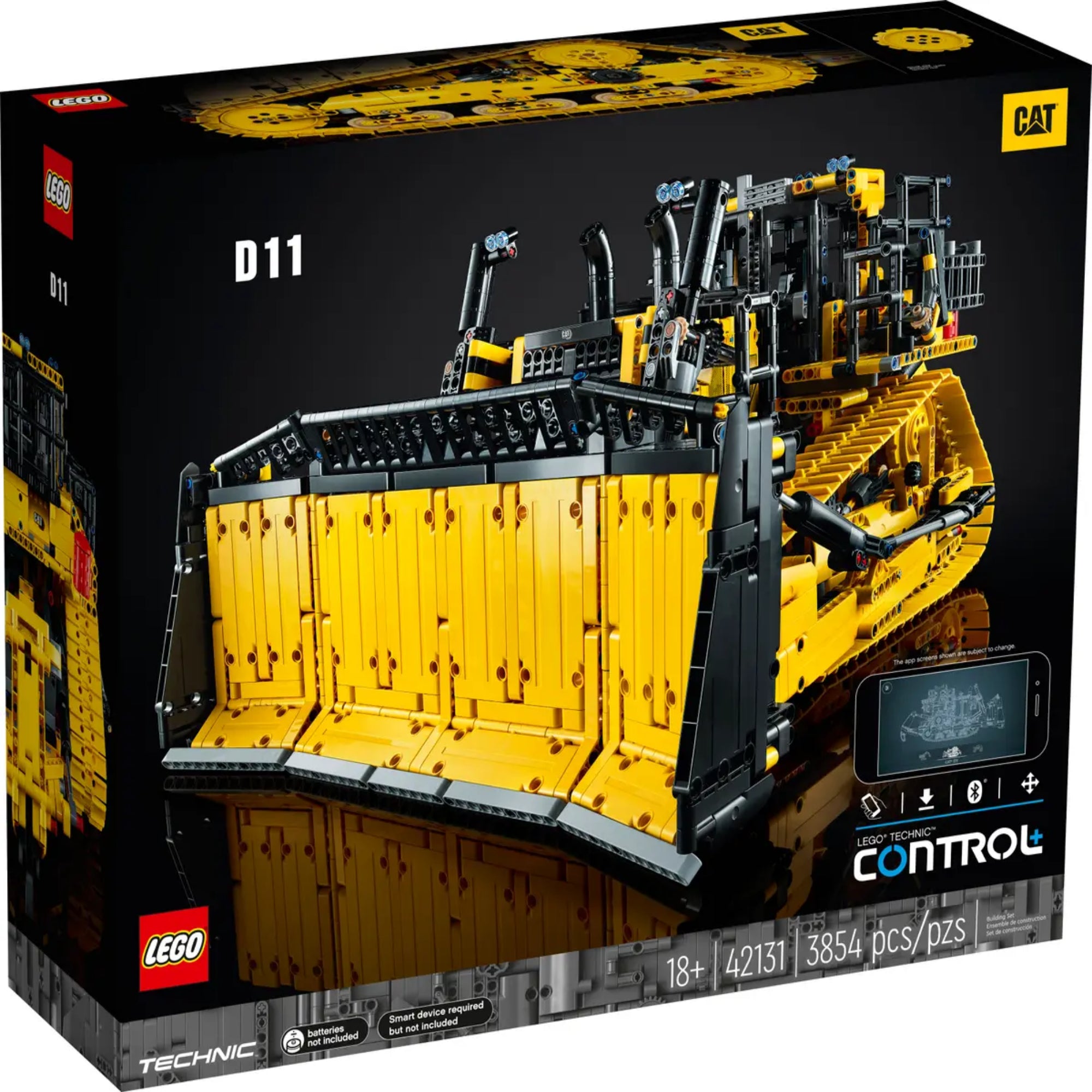 A LEGO Technic Applikációval irányítható Cat D11 buldózer (42131) prémium doboza, fekete háttéren, az előtérben a sárga lánctalpas gép látványos képe.

