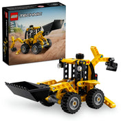 A LEGO Technic Árokásó rakodó 42197 készlet doboza és az összeszerelt modell látható. A doboz háttere homokos terepet ábrázol, ahol a sárga színű, mozgatható árokásó rakodó működés közben látható, az emelt lapát és a rugalmas alvázzal, amely alkalmazkodik a terepviszonyokhoz.