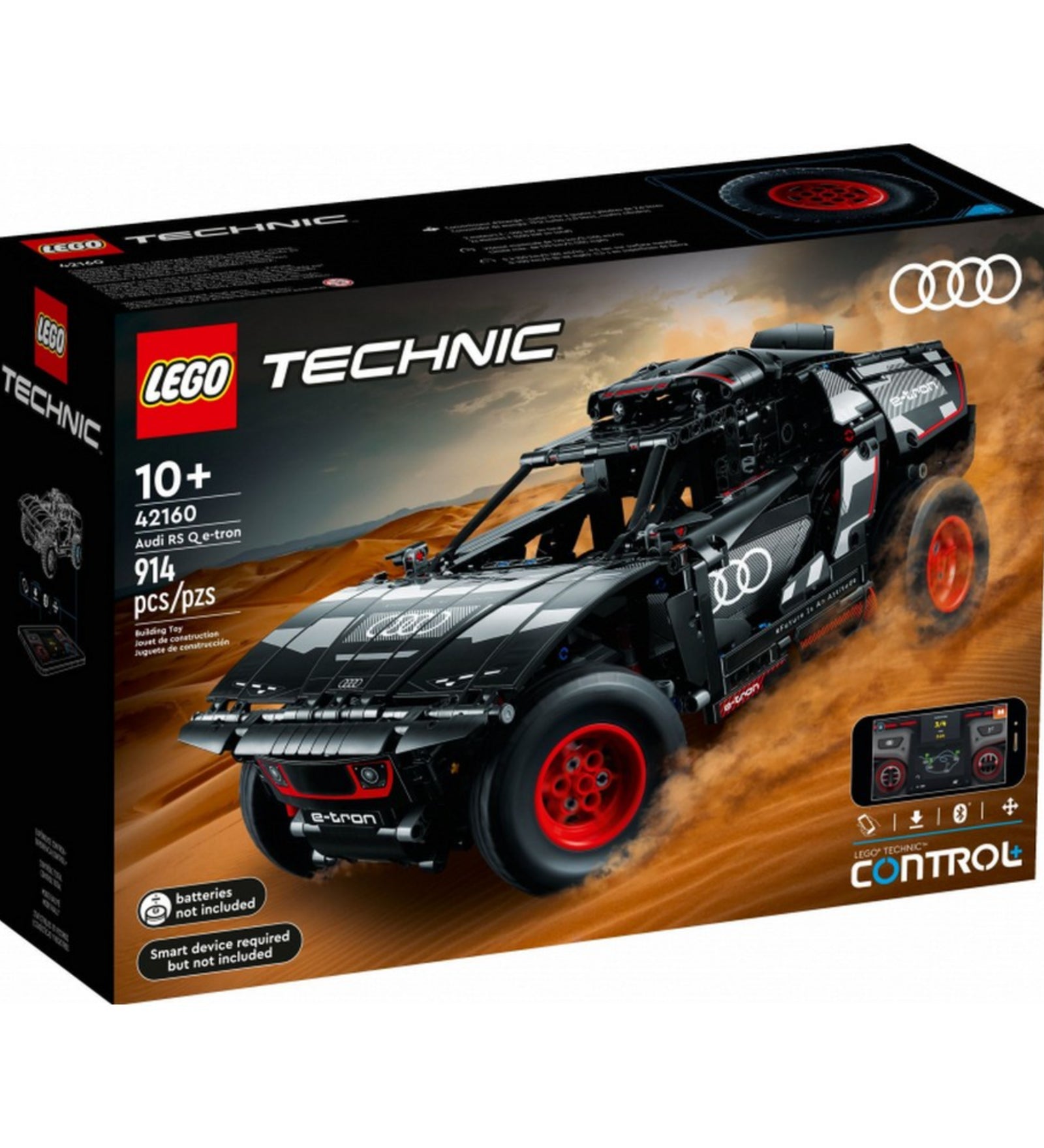 LEGO Technic Audi RS Q e-tron 42160 doboza, amely bemutatja a sivatagos háttérben száguldó modellt, valamint a 914 darabos készletre és az irányíthatóságra utaló CONTROL+ funkcióra is felhívja a figyelmet.