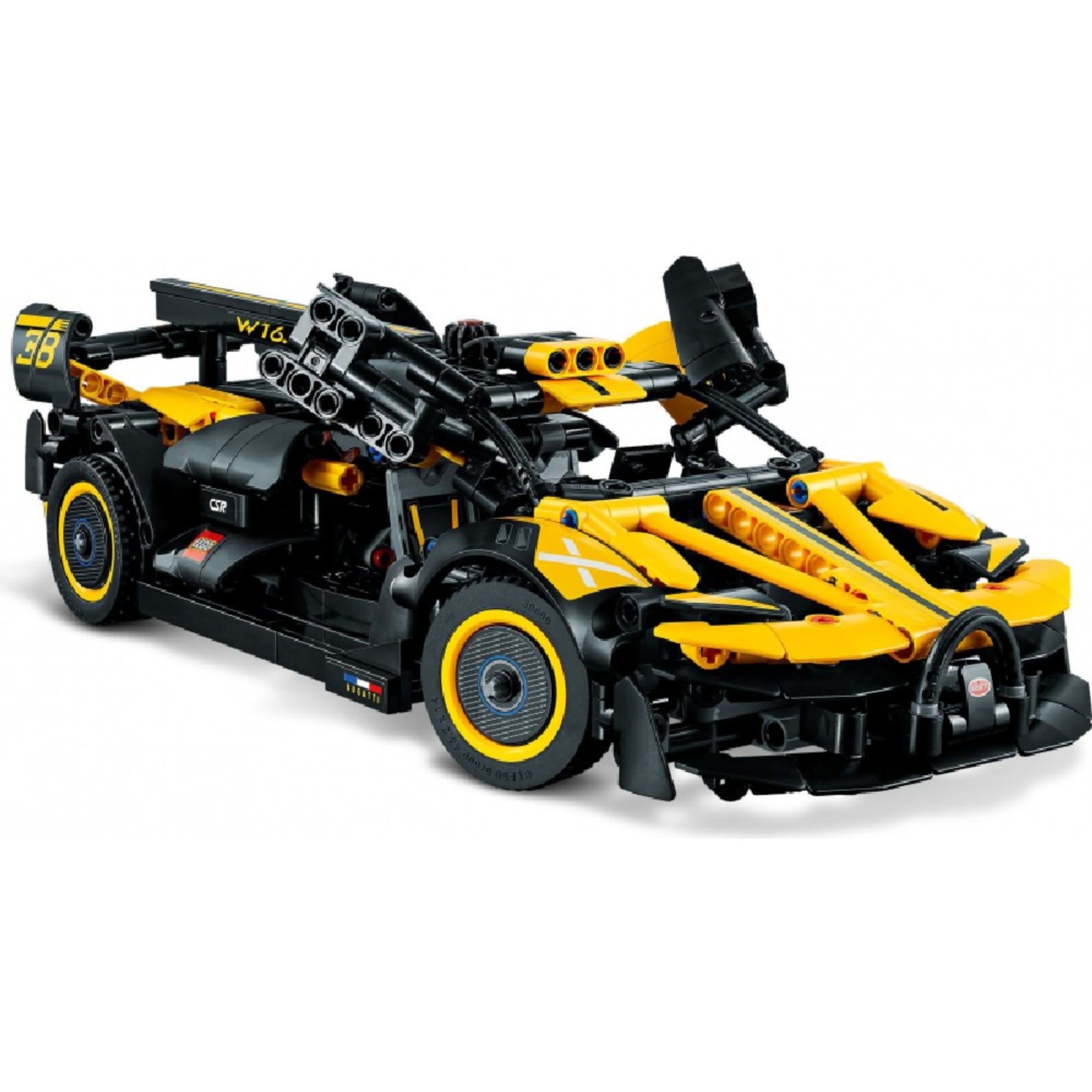 A LEGO Technic Bugatti Bolide 42151 készlet modellje felnyitott ajtókkal, részletes belső térrel, sportos sárga-fekete karosszériával és W16-os motordekorációval.