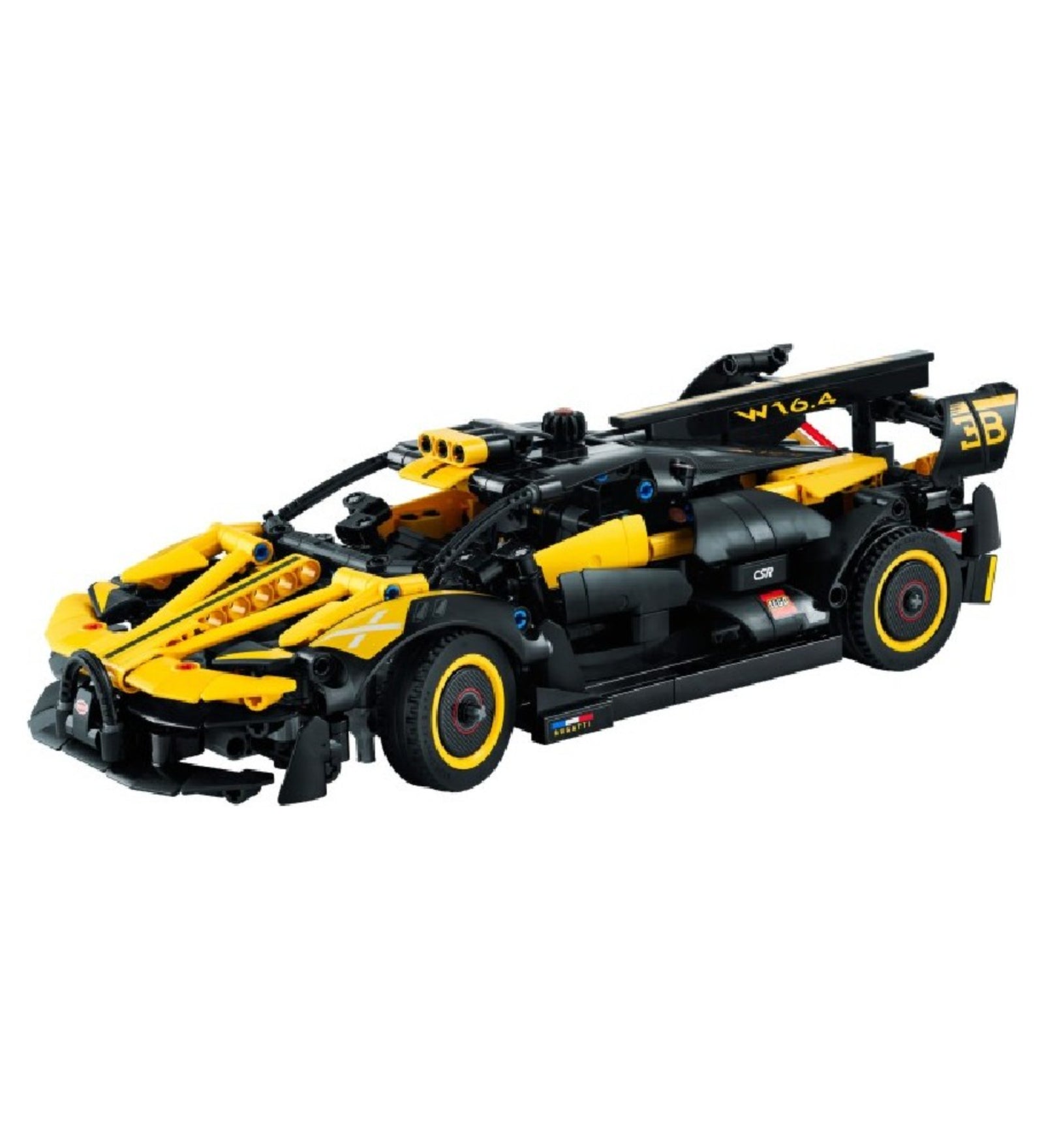 Az összeállított LEGO Technic Bugatti Bolide 42151 versenyautó sárga és fekete színben, részletgazdag karosszériával és sportos dizájnnal, CSR Racing logóval.