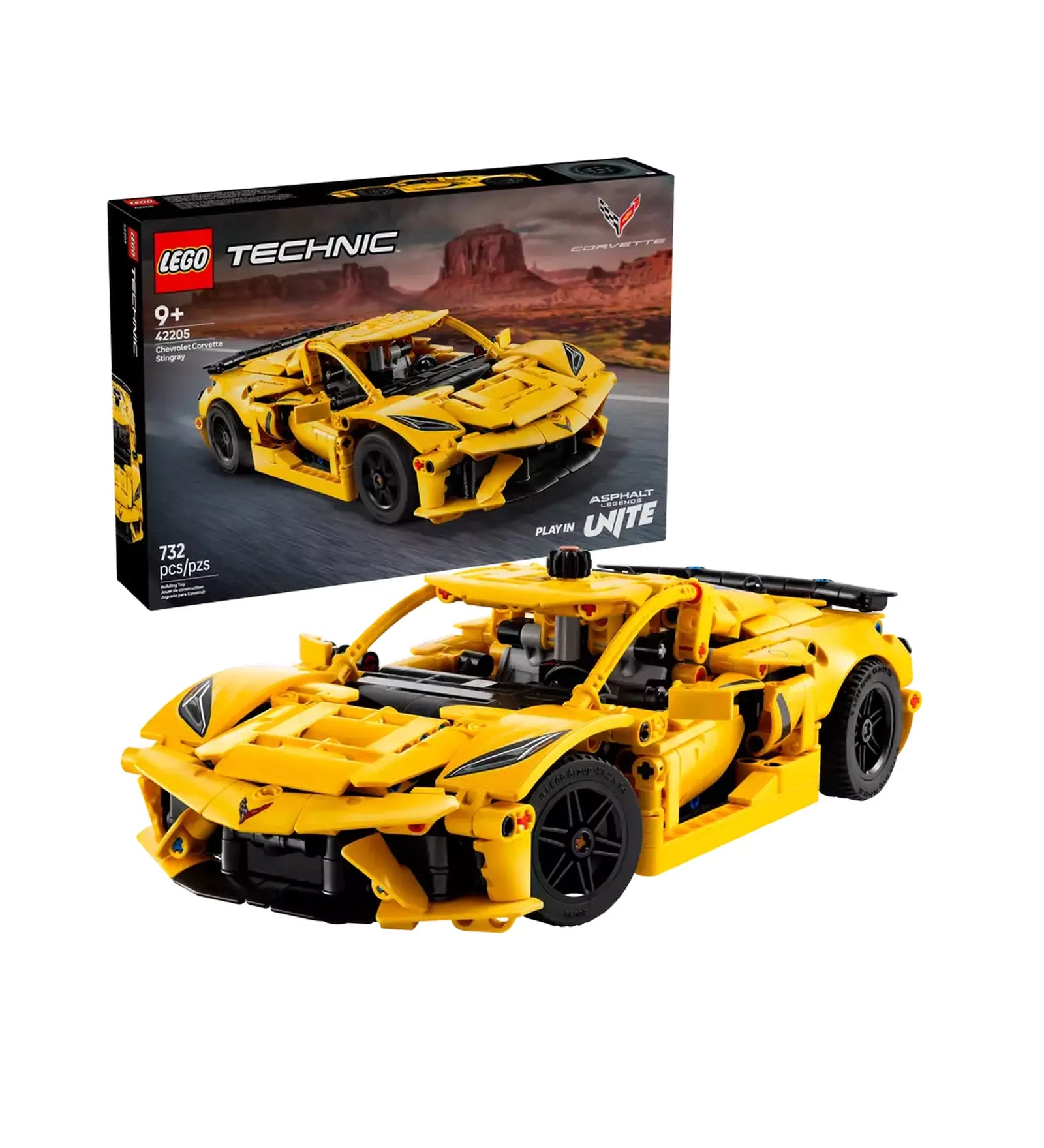 LEGO Technic Chevrolet Corvette Stingray (42205) modell és doboza együtt, kiállításra kész formában.