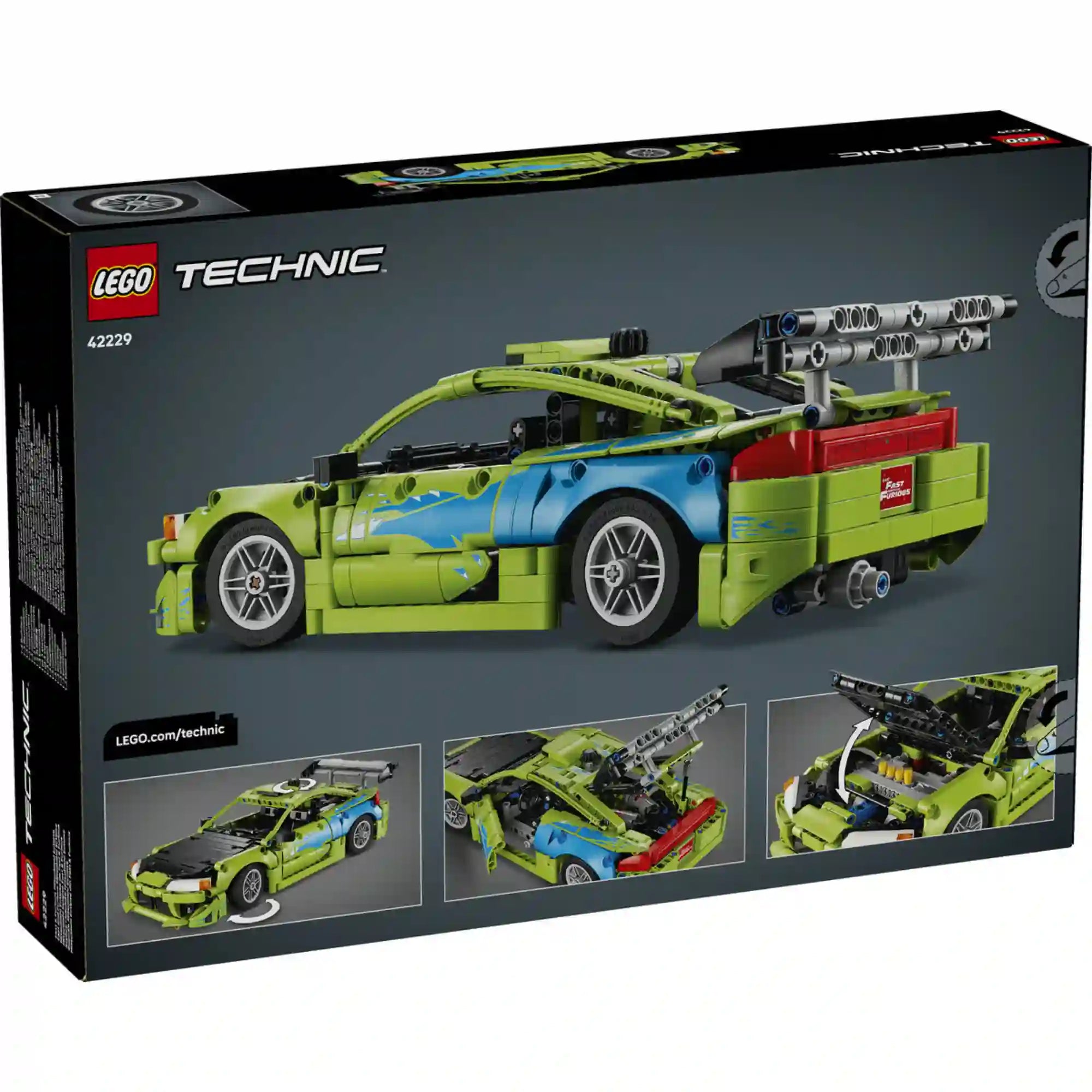 LEGO Technic Fast & Furious Mitsubishi Eclipse (42229) készlet hátoldali dobozképe, amely bemutatja az autó oldalnézetét, nyitható elemeit és a Technic funkciókat.