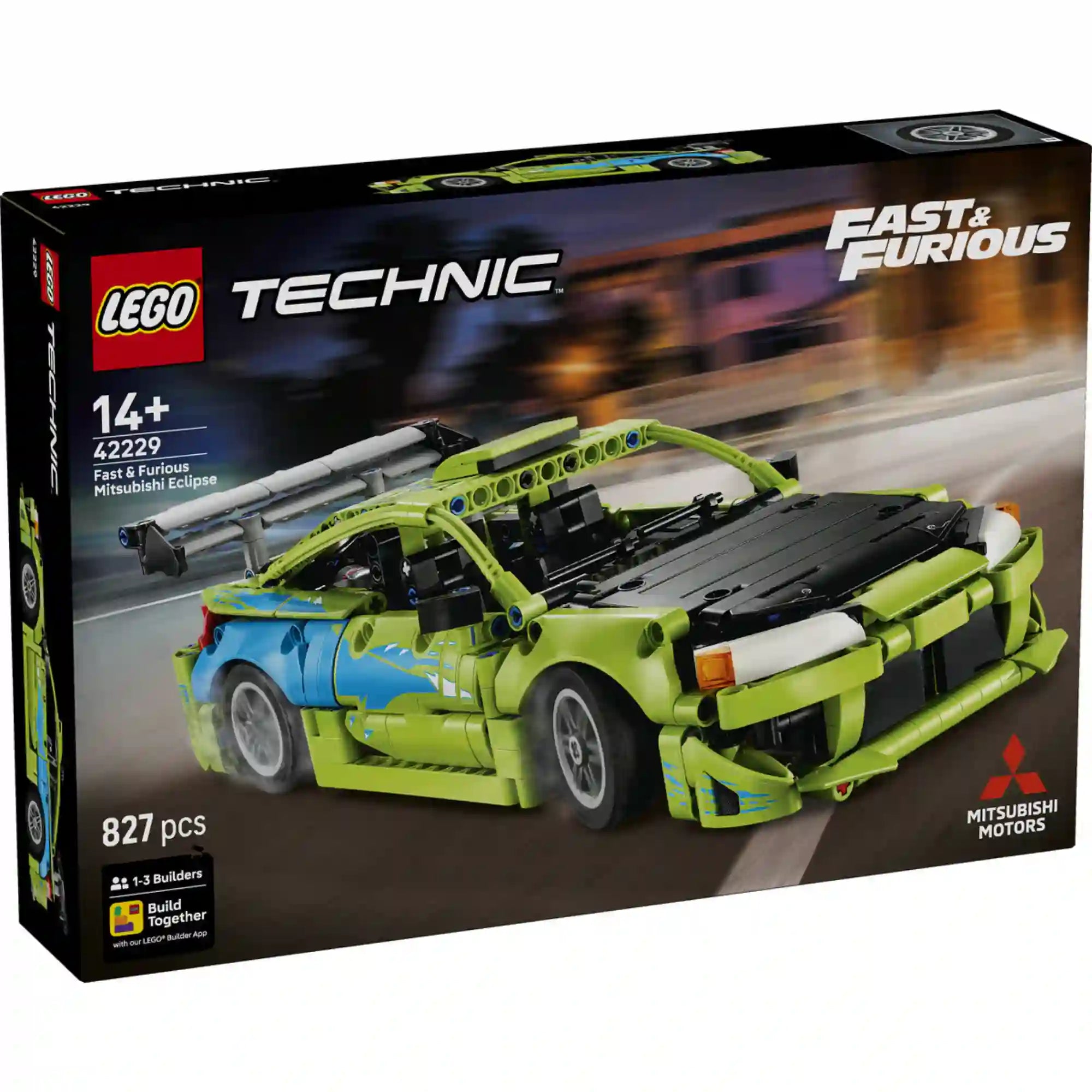 LEGO Technic Fast & Furious Mitsubishi Eclipse (42229) készlet elölnézeti dobozképe, amely a részletgazdag utcai versenyautót mutatja filmszerű háttérrel és autentikus dekorációval.