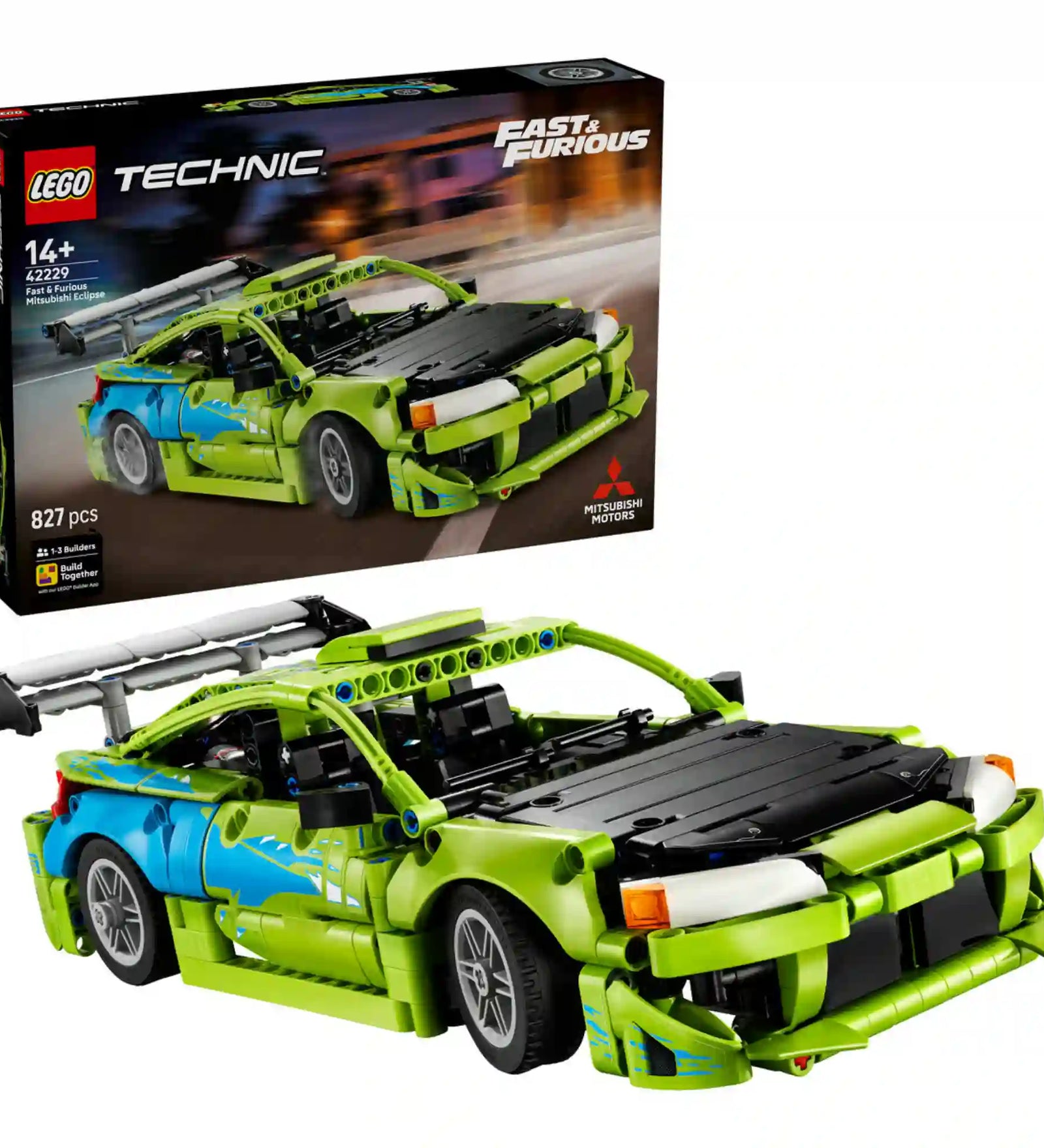 LEGO Technic Fast & Furious Mitsubishi Eclipse (42229) készlet megépített modellje és dobozképe, a Halálos iramban filmsorozat ikonikus zöld-kék sportautójával, nagyméretű hátsó szárnnyal.