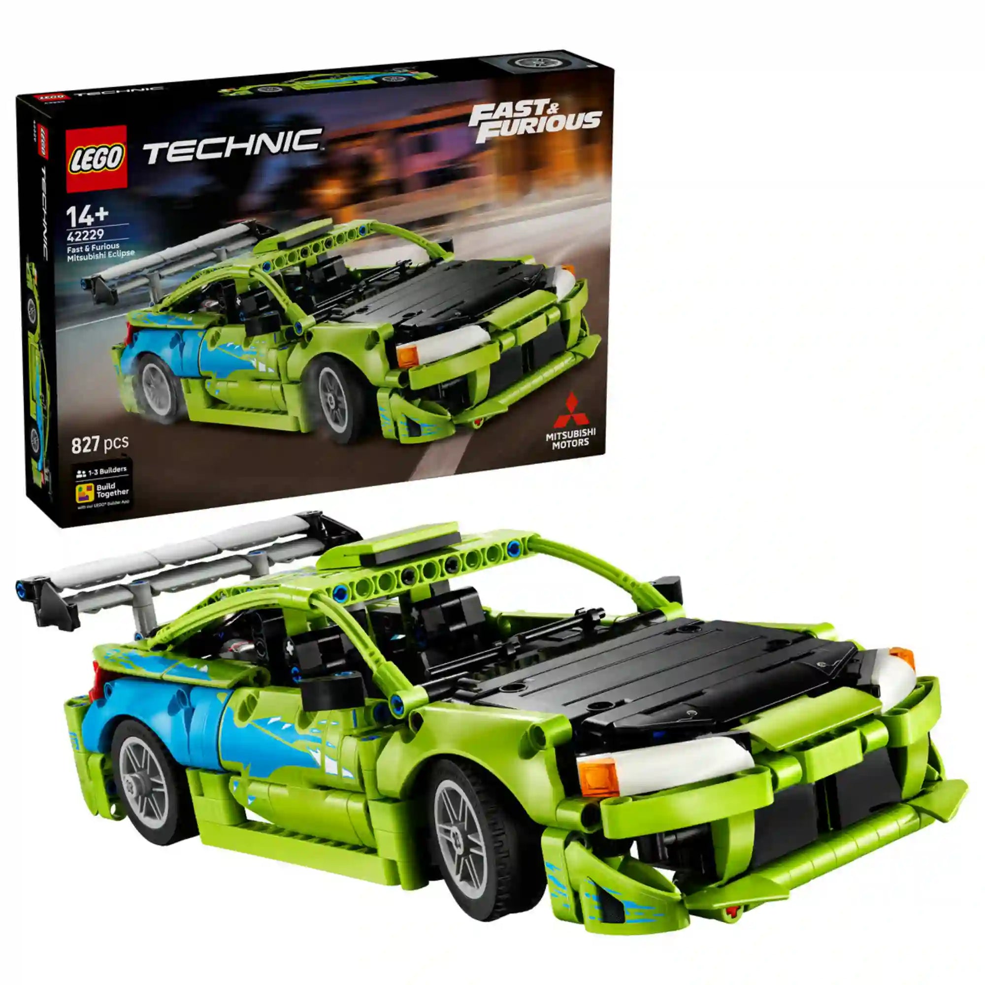 LEGO Technic Fast & Furious Mitsubishi Eclipse (42229) készlet megépített modellje és dobozképe, a Halálos iramban filmsorozat ikonikus zöld-kék sportautójával, nagyméretű hátsó szárnnyal.