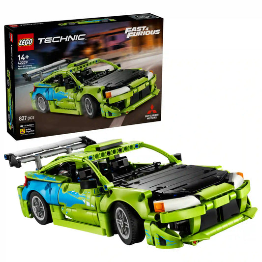 LEGO Technic Fast & Furious Mitsubishi Eclipse (42229) készlet megépített modellje és dobozképe, a Halálos iramban filmsorozat ikonikus zöld-kék sportautójával, nagyméretű hátsó szárnnyal.