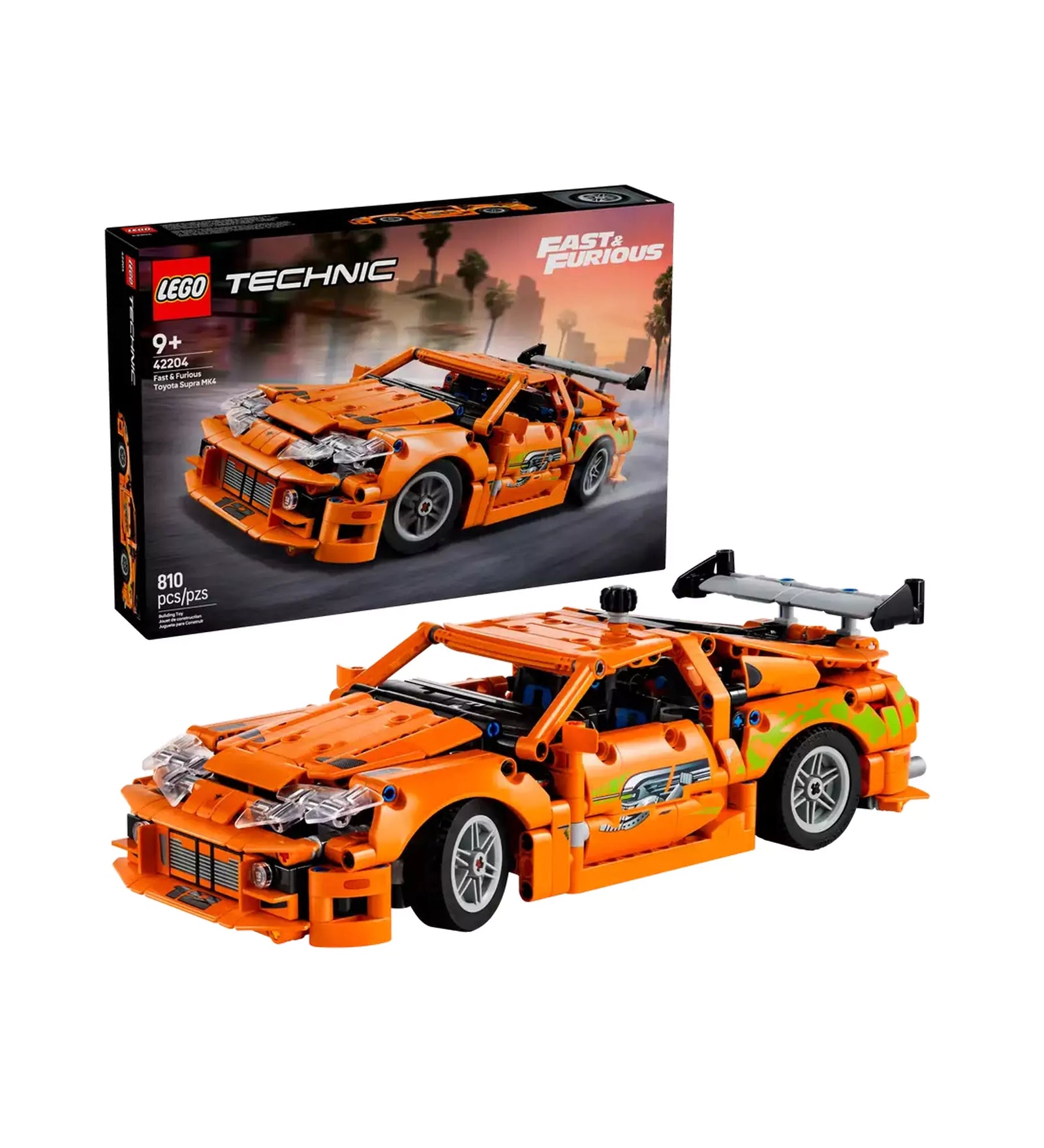LEGO Technic Fast and Furious Toyota Supra MK4 (42204) modell a dobozzal együtt, bemutatva az ikonikus sportautót.