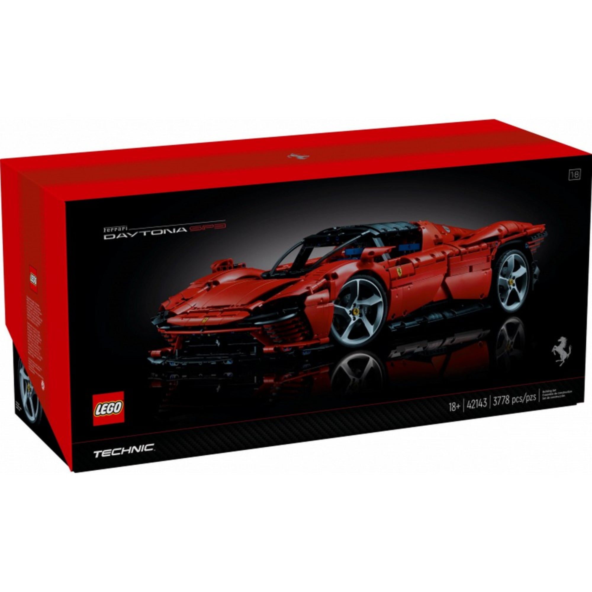 A LEGO Technic Ferrari Daytona SP3 42143 szett elegáns fekete-piros doboza, rajta a sportautó látványos képe és a darabszám (3778 db).