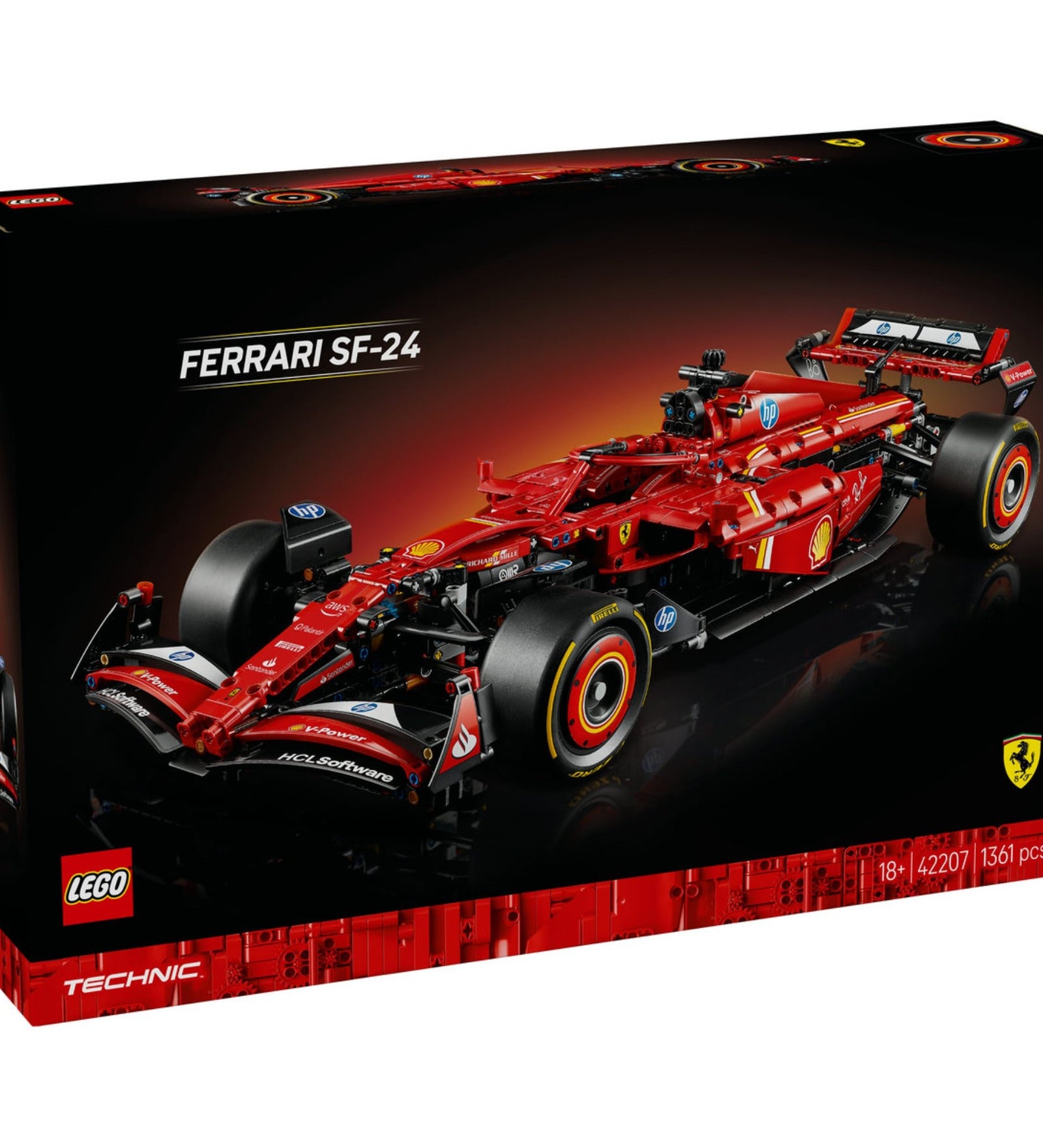 A LEGO Technic Ferrari SF-24 F1 (42207) építőkészlet doboza, amely a legendás versenyautó részletes és élethű modelljét mutatja be.