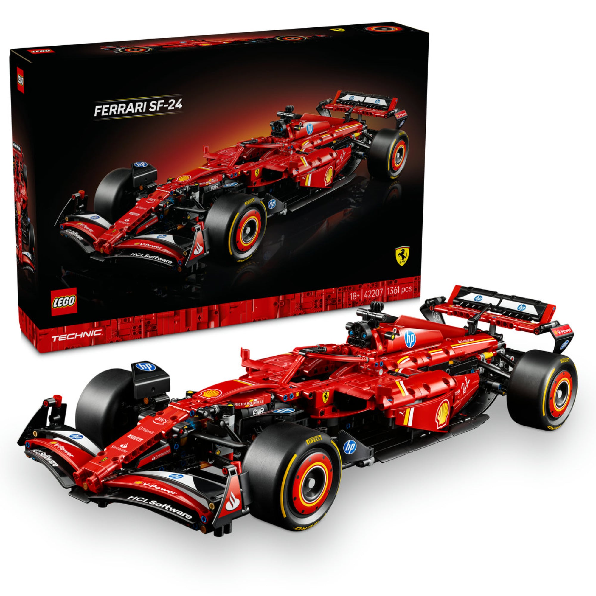 A LEGO Technic Ferrari SF-24 F1 (42207) építőszett és doboza, amely részletesen kidolgozott, 1:8 méretarányú modellként jeleníti meg a Ferrari 2024-es versenyautóját.