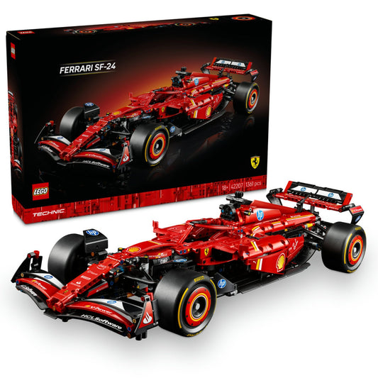 A LEGO Technic Ferrari SF-24 F1 (42207) építőszett és doboza, amely részletesen kidolgozott, 1:8 méretarányú modellként jeleníti meg a Ferrari 2024-es versenyautóját.