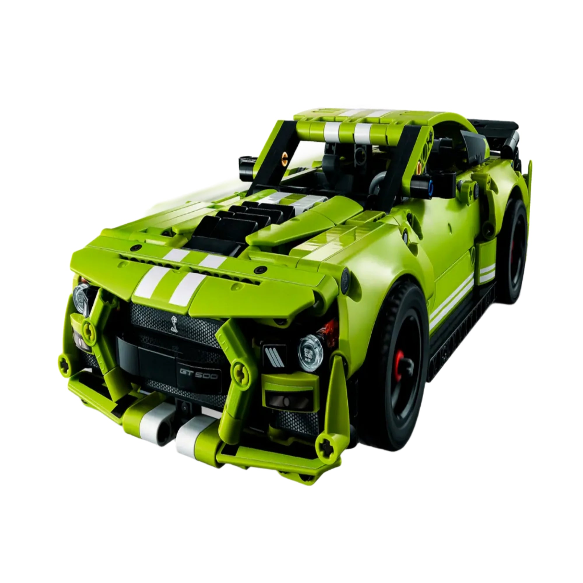 Teljesen összeszerelt LEGO Technic Ford Mustang Shelby GT500 (42138) modell élénk zöld színben, részletes első hűtőrács kialakítással és versenycsíkokkal.