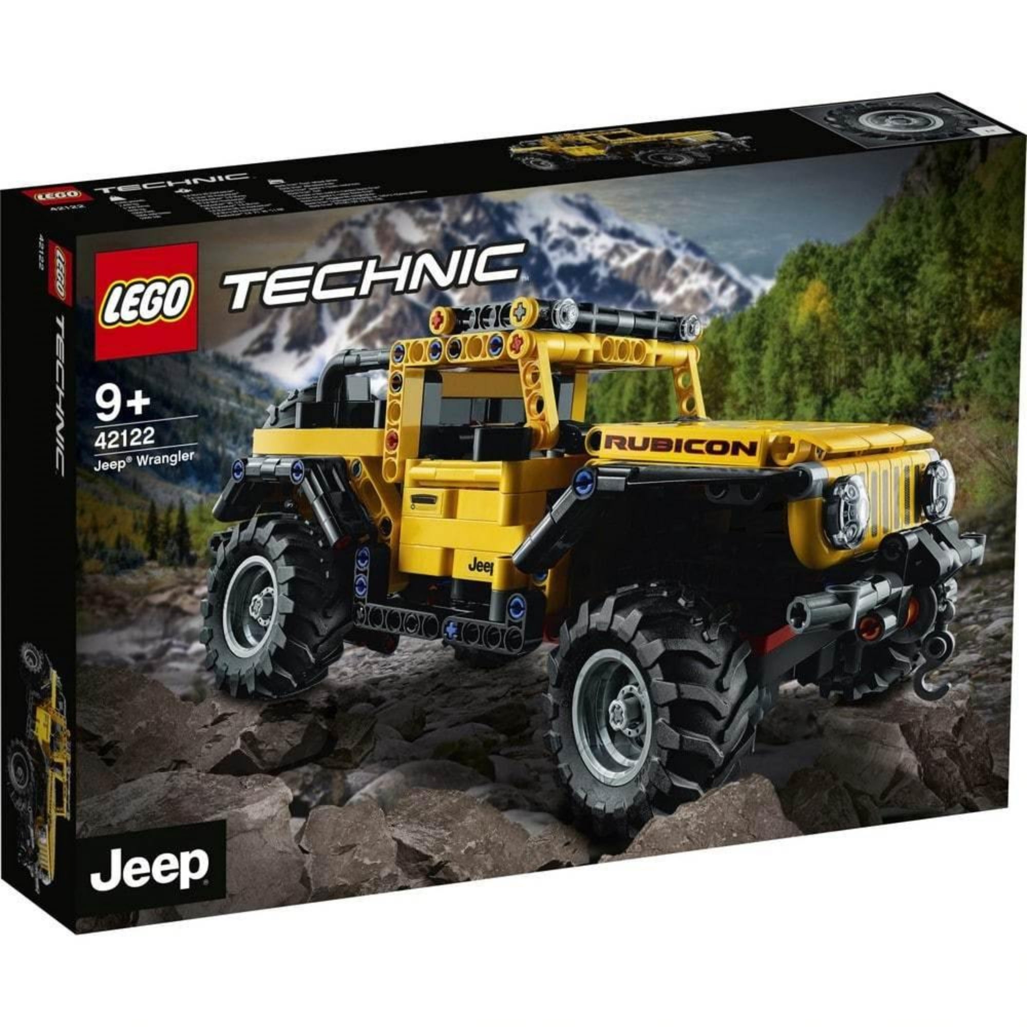 A LEGO Technic Jeep Wrangler 42122 doboza, a sárga terepjáró modell a sziklás hegyvidéki háttér előtt látható.
