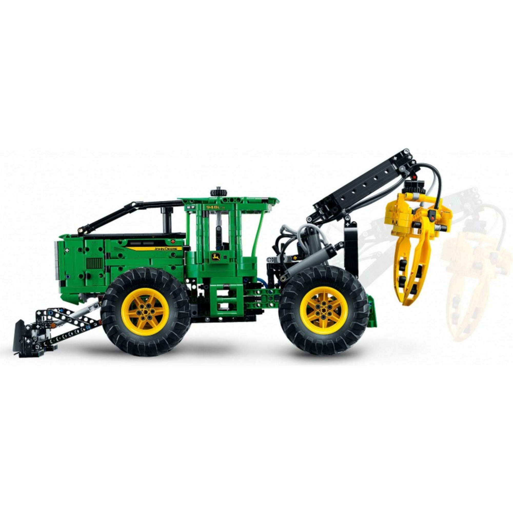 Oldalnézeti kép, amely a LEGO Technic John Deere 948L-II Skidder markolójának mozgathatóságát demonstrálja elmosódott mozdulat-effektekkel.