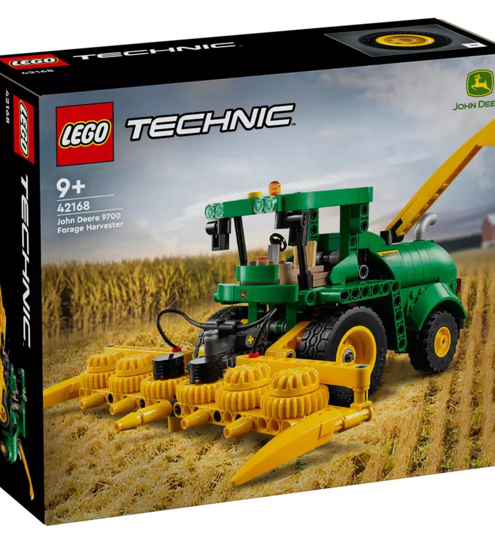 A LEGO Technic 42168 – John Deere 9700 silózó doboza, amelyen a kész modell látható mezőgazdasági környezetben, John Deere logóval és korosztályi ajánlással.