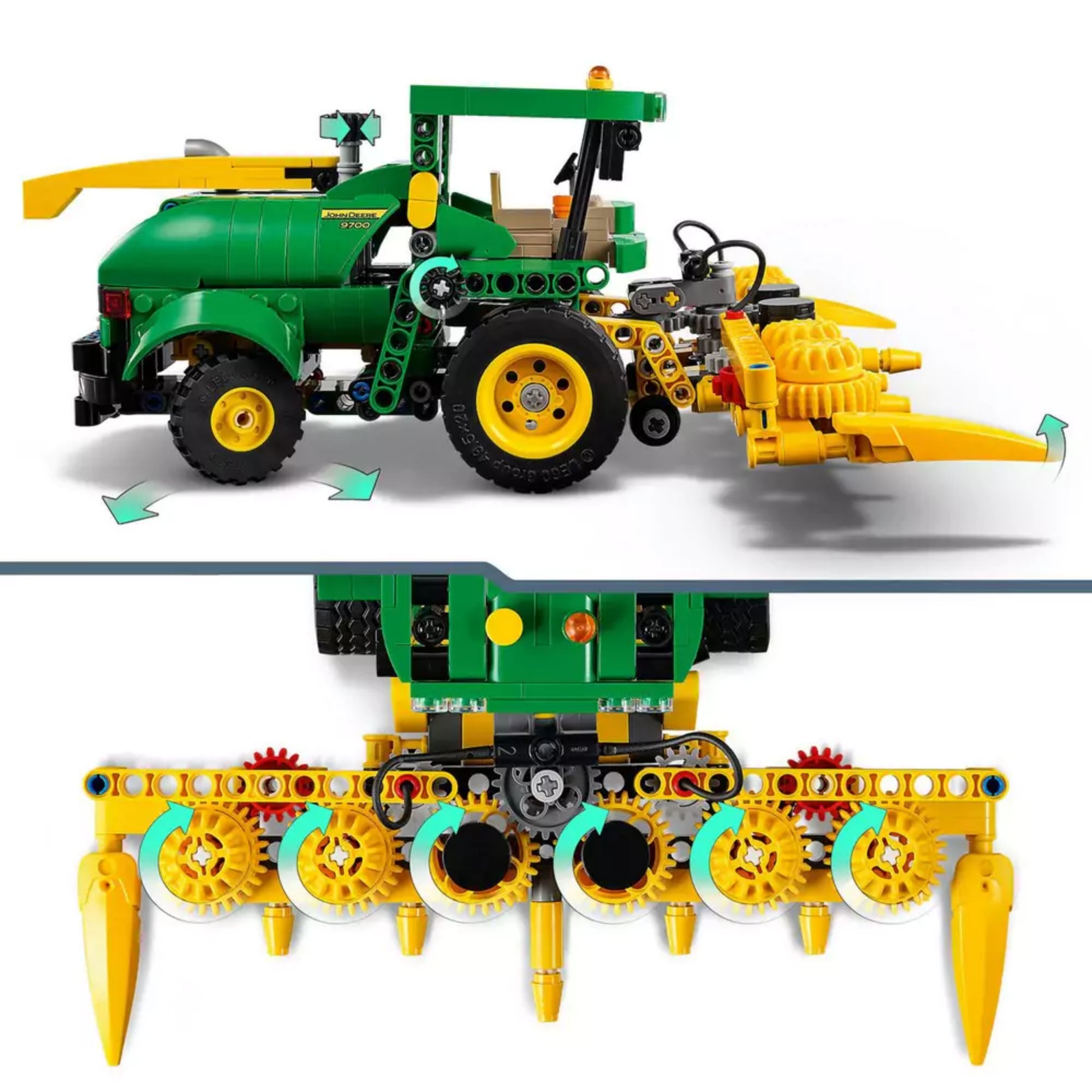 A John Deere 9700 LEGO Technic modell oldalnézeti képe mozgatható hátsó tengellyel és elöl részletes forgó mechanikával, alulról is látható fogaskerekekkel.