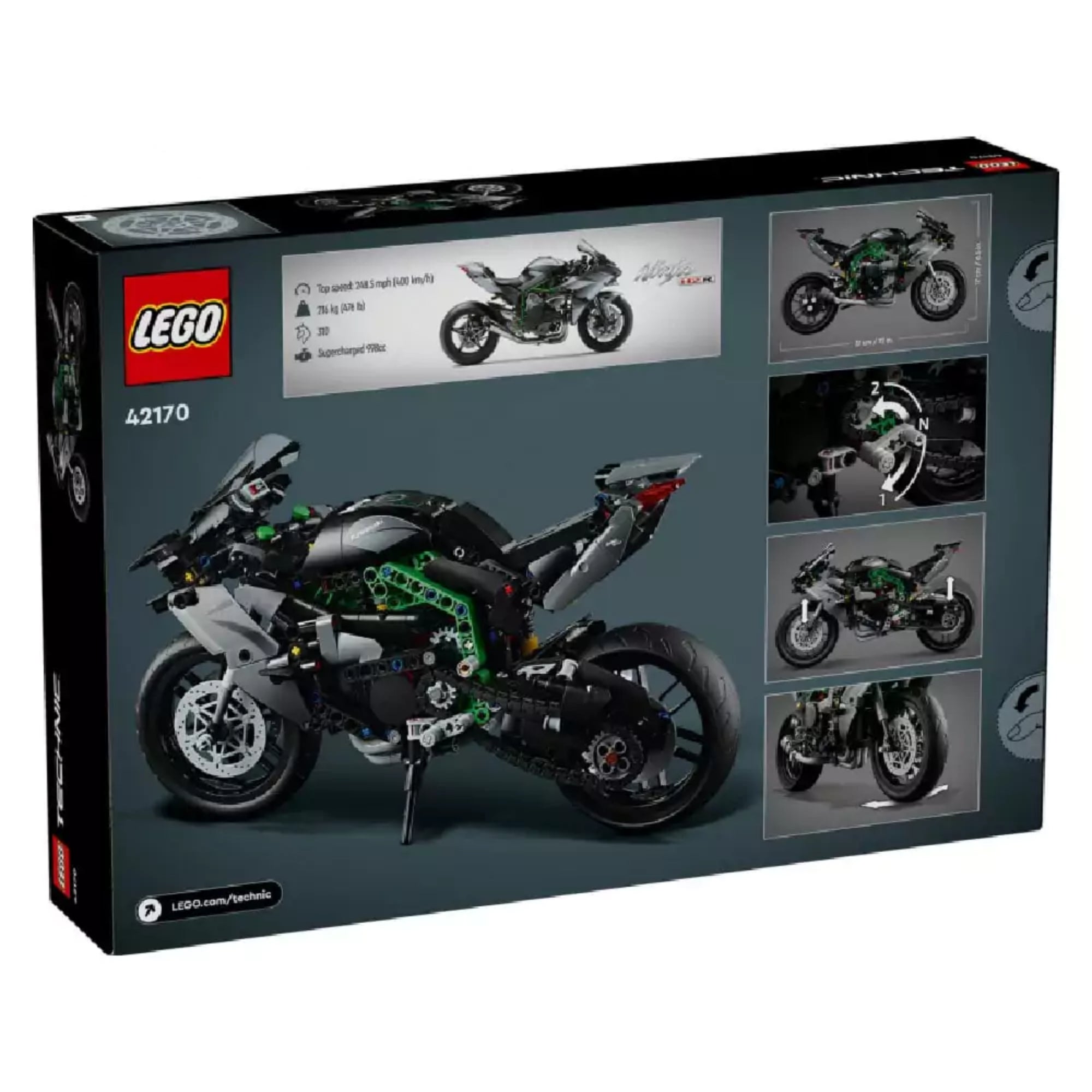 A LEGO Technic Kawasaki Ninja H2R motorkerékpár dobozának hátoldala, amely bemutatja a játékszett funkcióit, technikai részleteit és a valódi jármű képét is tartalmazza.