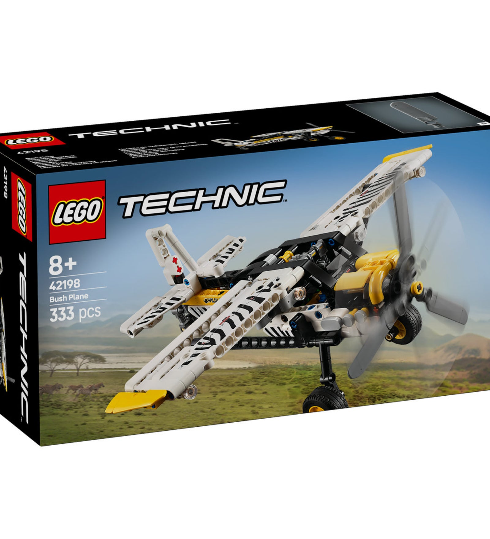 LEGO Technic Kisrepülő 42198 készlet doboza, amely egy terepen közlekedő repülőgépet ábrázol, zebra mintázattal a szárnyakon.
