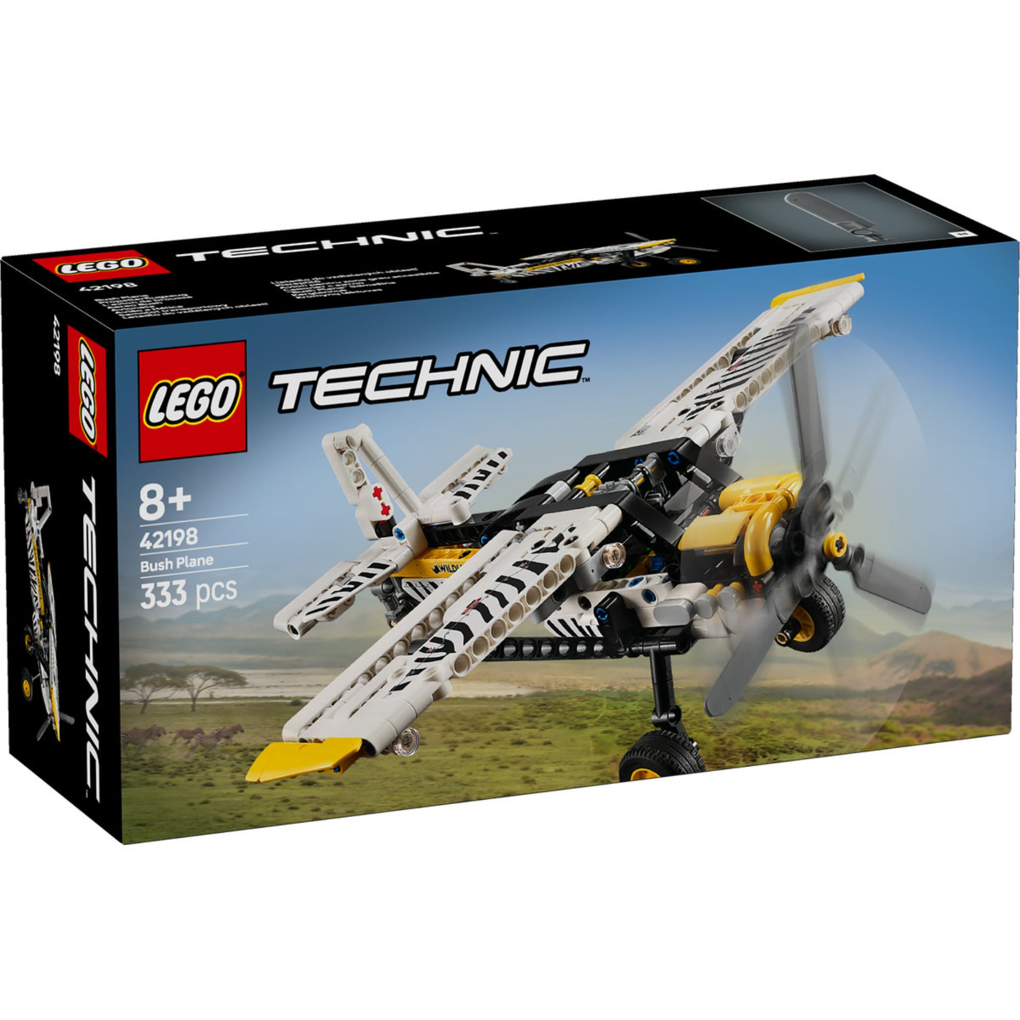 LEGO Technic Kisrepülő 42198 készlet doboza, amely egy terepen közlekedő repülőgépet ábrázol, zebra mintázattal a szárnyakon.