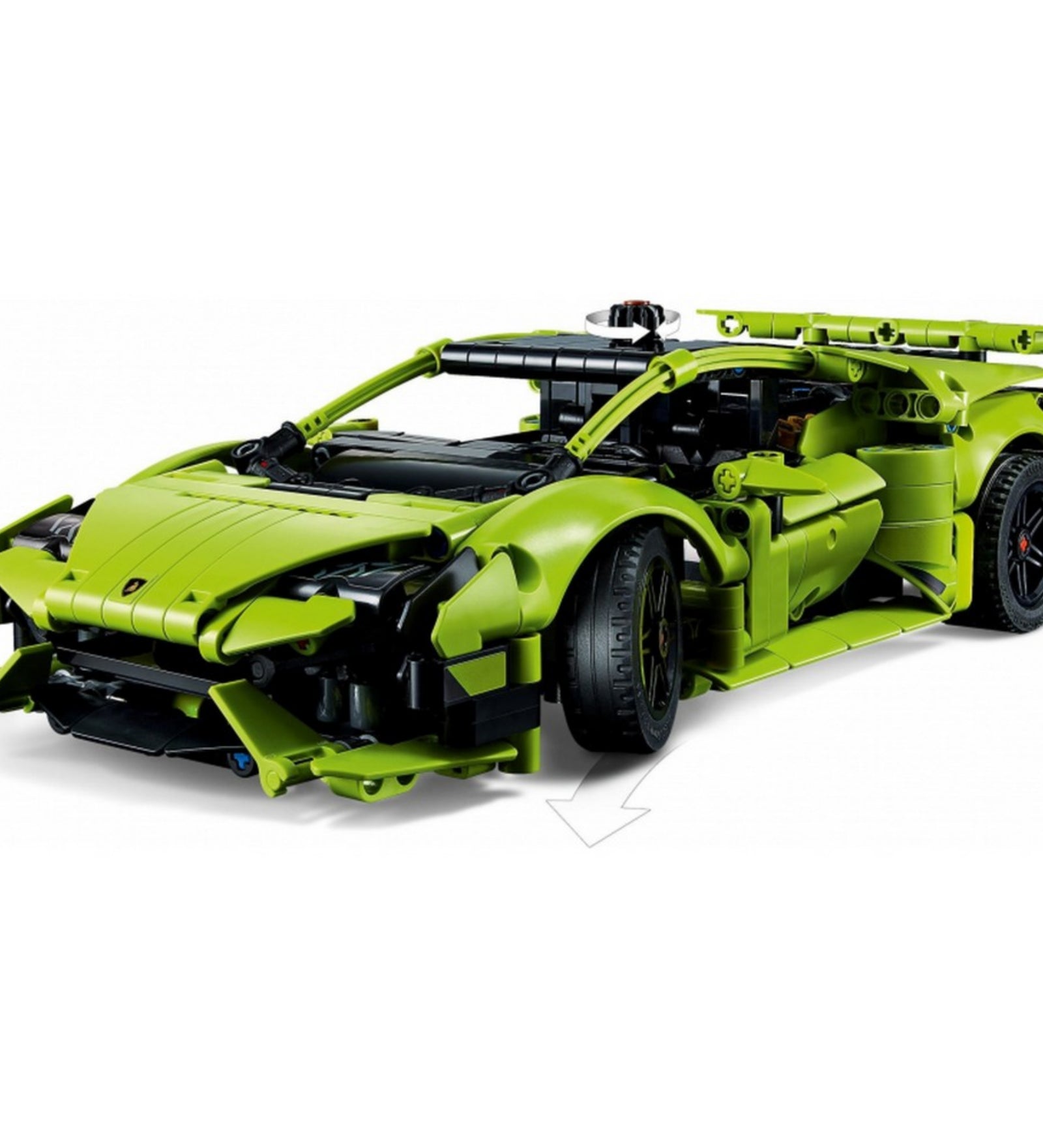LEGO Technic Lamborghini Huracán Tecnica 42161 modell ferde elölnézetből, nyitható motorháztetővel, részletes első lámpákkal és agresszív sportkocsiformával.